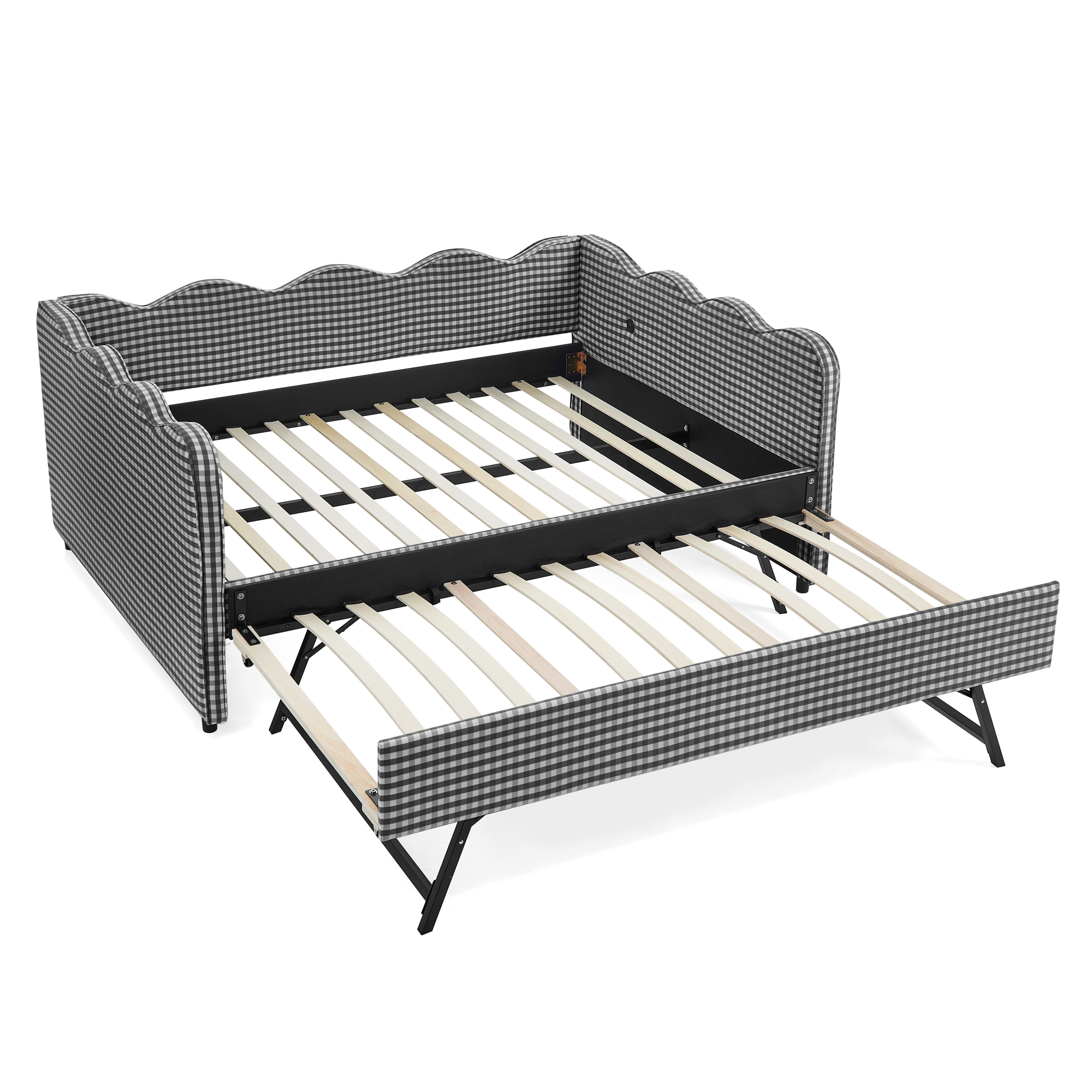 Full Size Cozy Gingham Daybed with Twin Size Trundle No Box Spring Needed, with USB Port and Adorable Wave Shaped, Linen Fabric - Image 3