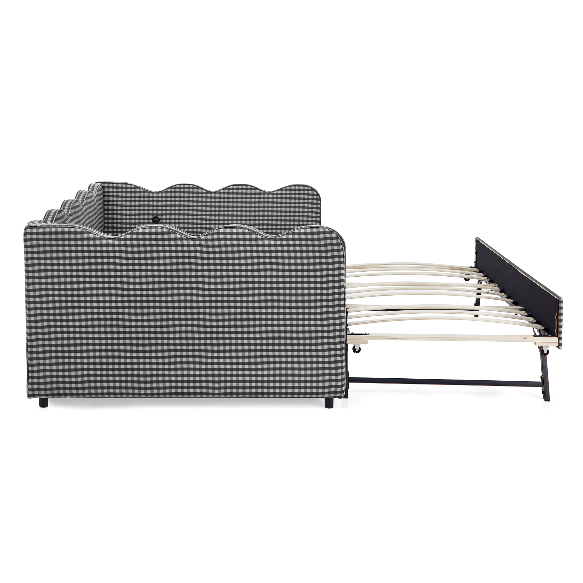Full Size Cozy Gingham Daybed with Twin Size Trundle No Box Spring Needed, with USB Port and Adorable Wave Shaped, Linen Fabric - Image 4