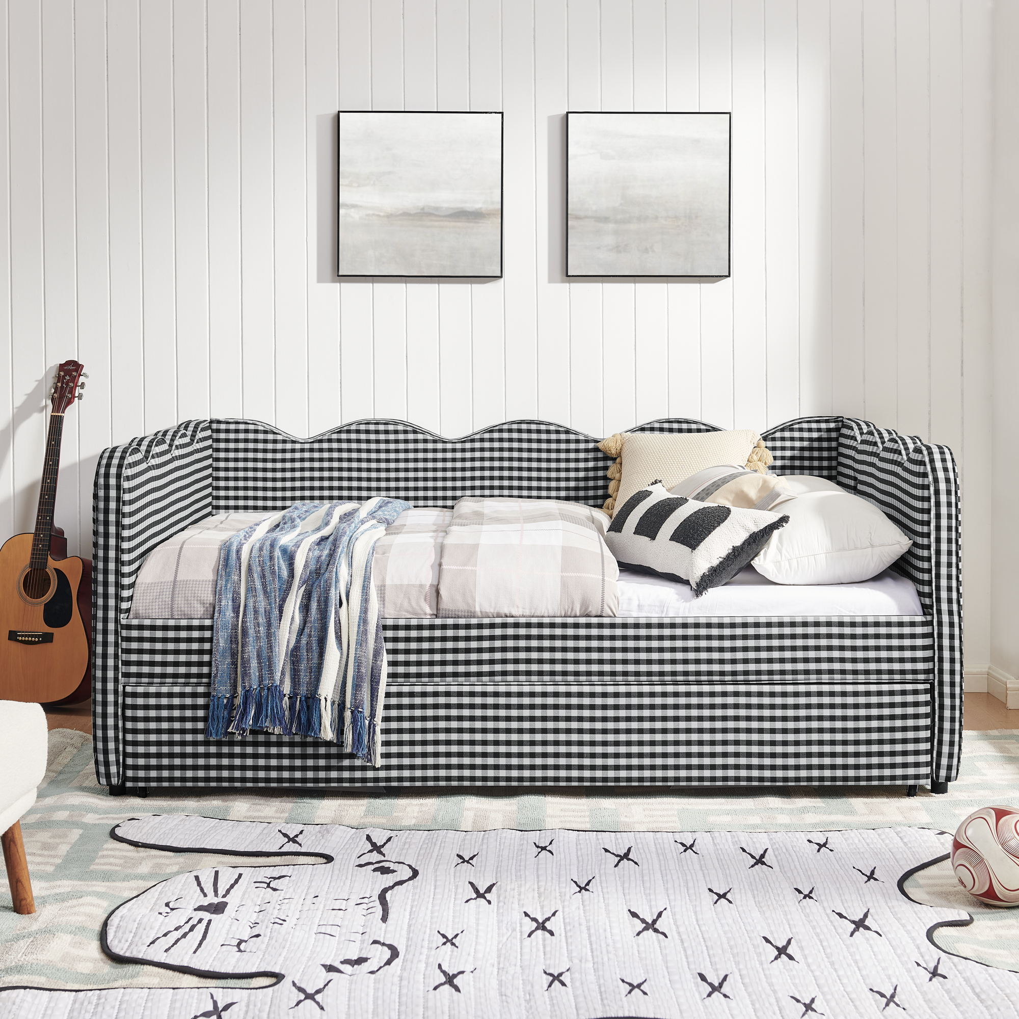 Full Size Cozy Gingham Daybed with Twin Size Trundle No Box Spring Needed, with USB Port and Adorable Wave Shaped, Linen Fabric - Image 5
