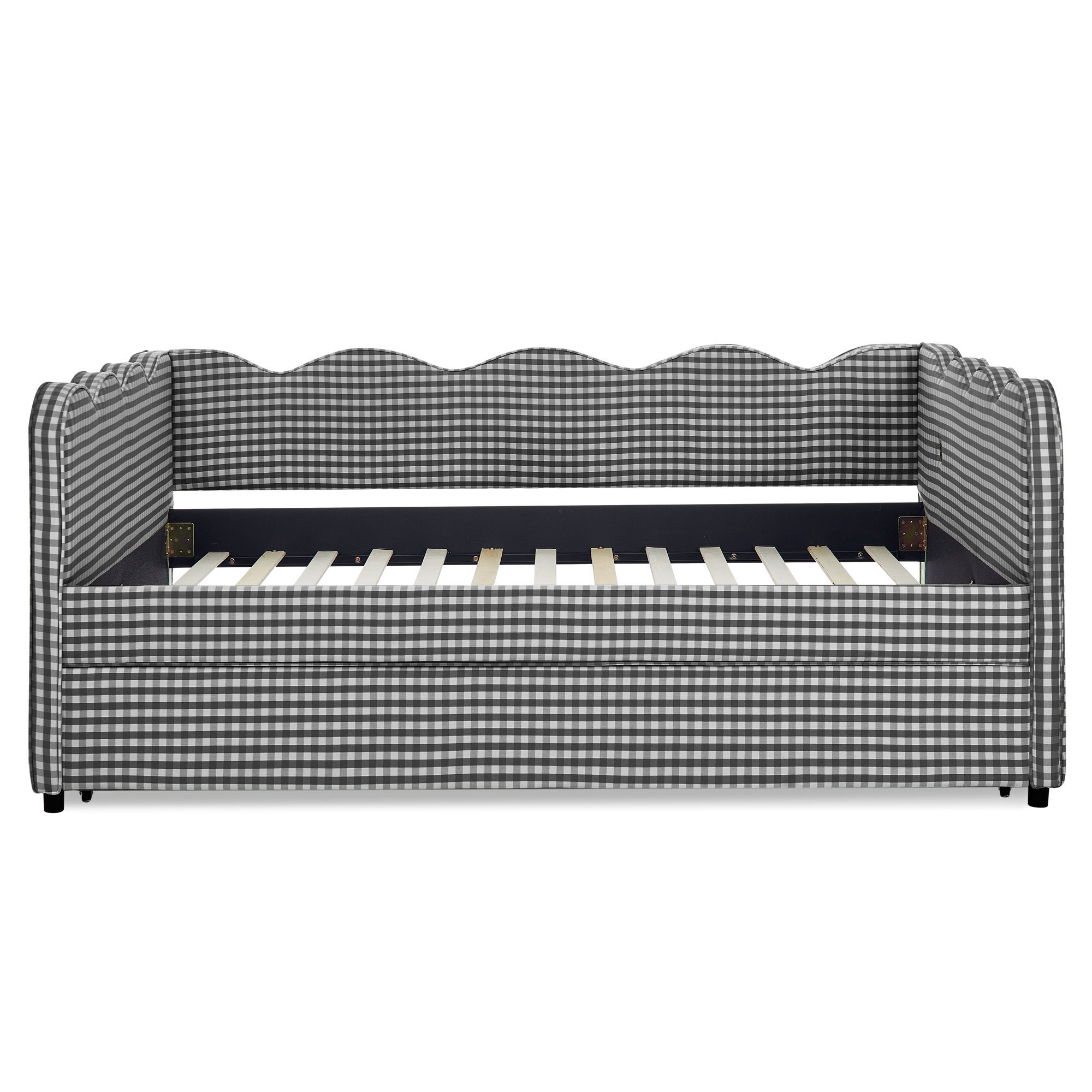Full Size Cozy Gingham Daybed with Twin Size Trundle No Box Spring Needed, with USB Port and Adorable Wave Shaped, Linen Fabric - Image 6