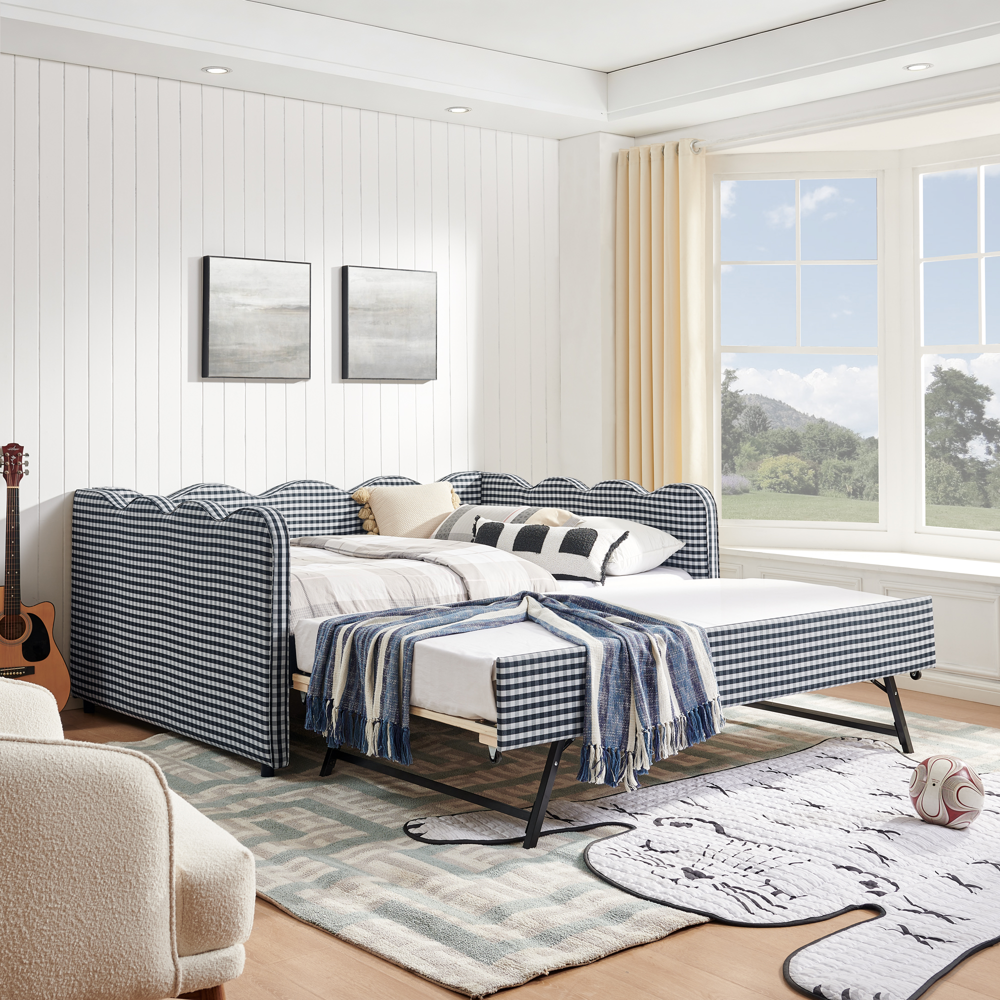 Full Size Cozy Gingham Daybed with Twin Size Trundle No Box Spring Needed, with USB Port and Adorable Wave Shaped, Linen Fabric
