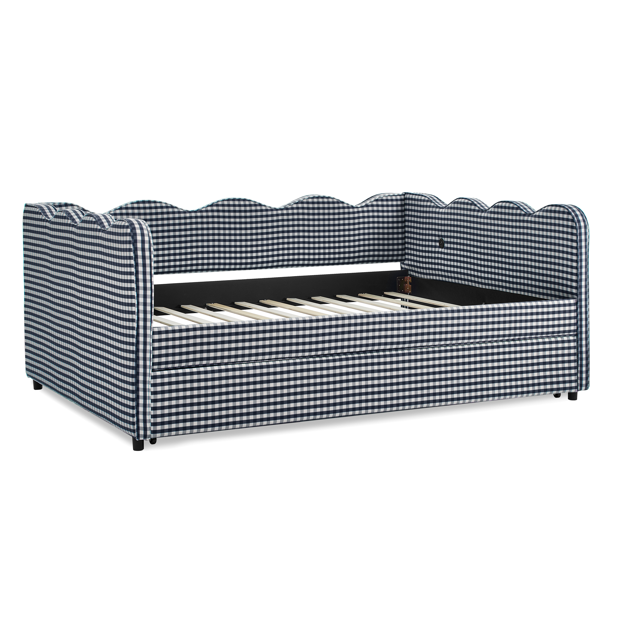 Full Size Cozy Gingham Daybed with Twin Size Trundle No Box Spring Needed, with USB Port and Adorable Wave Shaped, Linen Fabric - Image 3