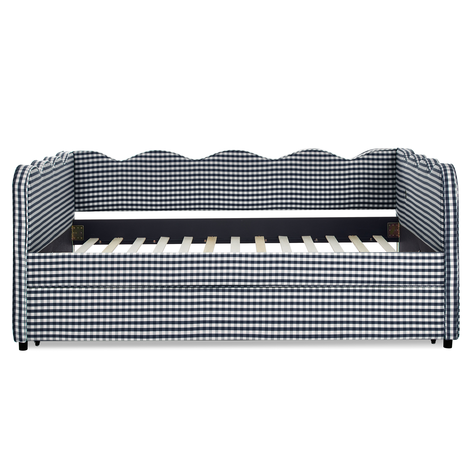 Full Size Cozy Gingham Daybed with Twin Size Trundle No Box Spring Needed, with USB Port and Adorable Wave Shaped, Linen Fabric - Image 4