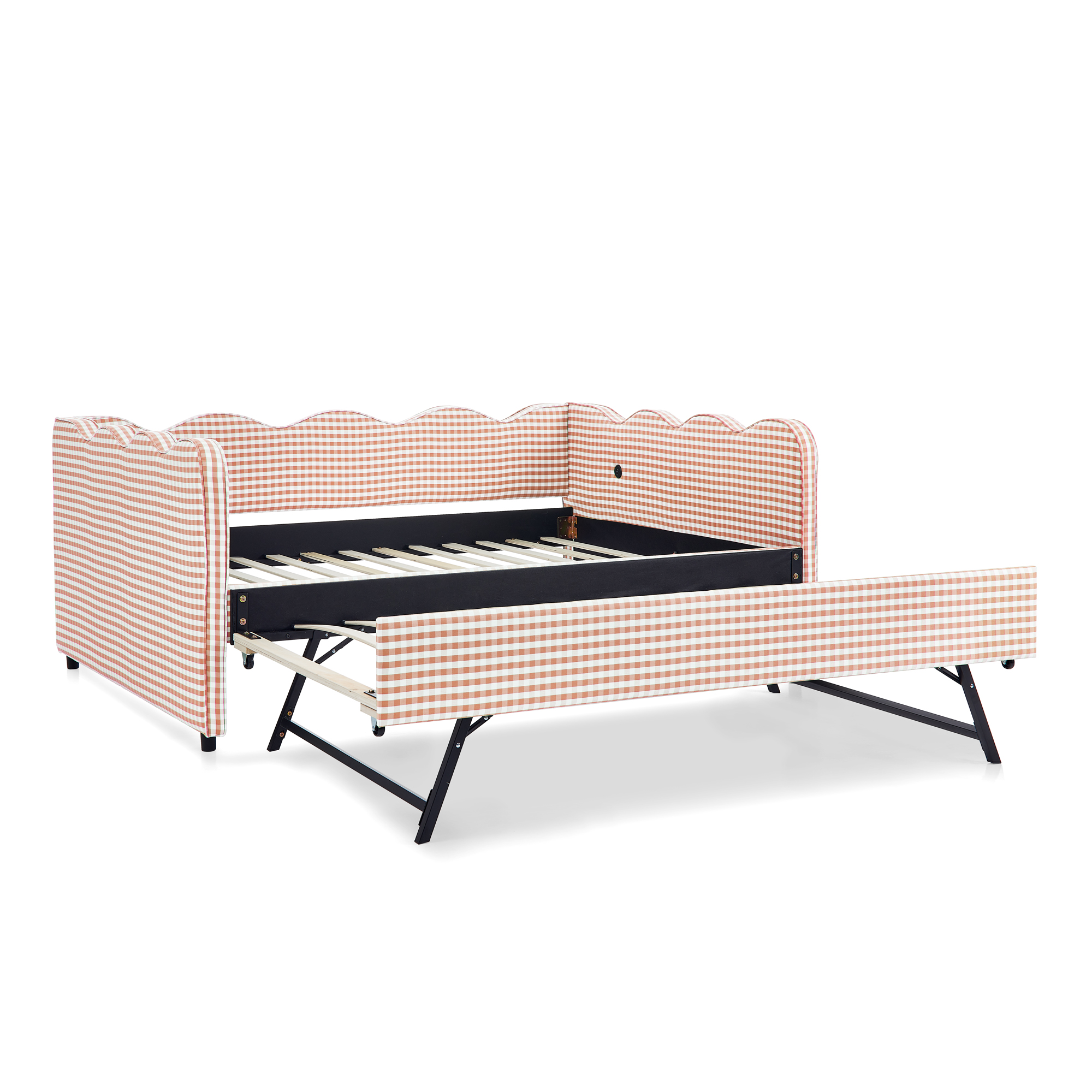 Full Size Cozy Gingham Daybed with Twin Size Trundle No Box Spring Needed, with USB Port and Adorable Wave Shaped, Linen Fabric - Image 2