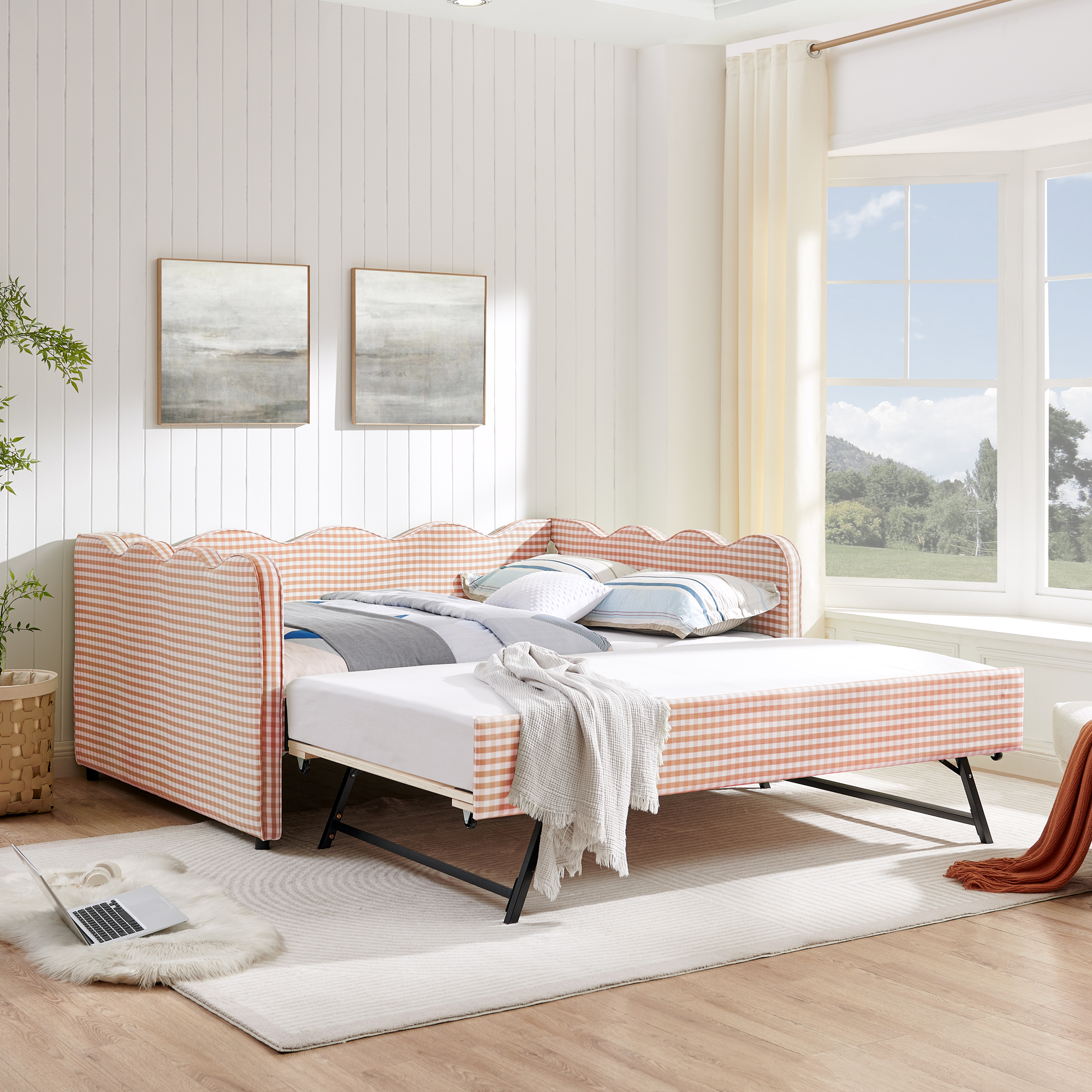 Full Size Cozy Gingham Daybed with Twin Size Trundle No Box Spring Needed, with USB Port and Adorable Wave Shaped, Linen Fabric