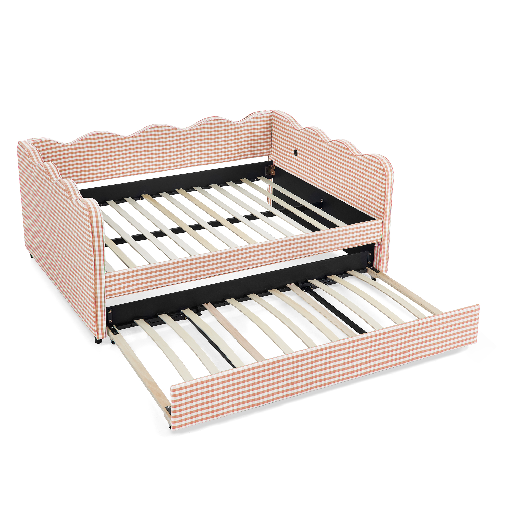 Full Size Cozy Gingham Daybed with Twin Size Trundle No Box Spring Needed, with USB Port and Adorable Wave Shaped, Linen Fabric - Image 4
