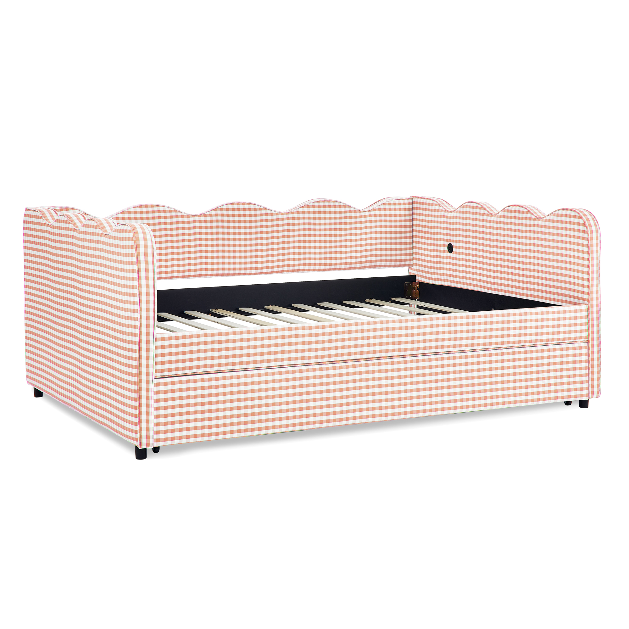 Full Size Cozy Gingham Daybed with Twin Size Trundle No Box Spring Needed, with USB Port and Adorable Wave Shaped, Linen Fabric - Image 5
