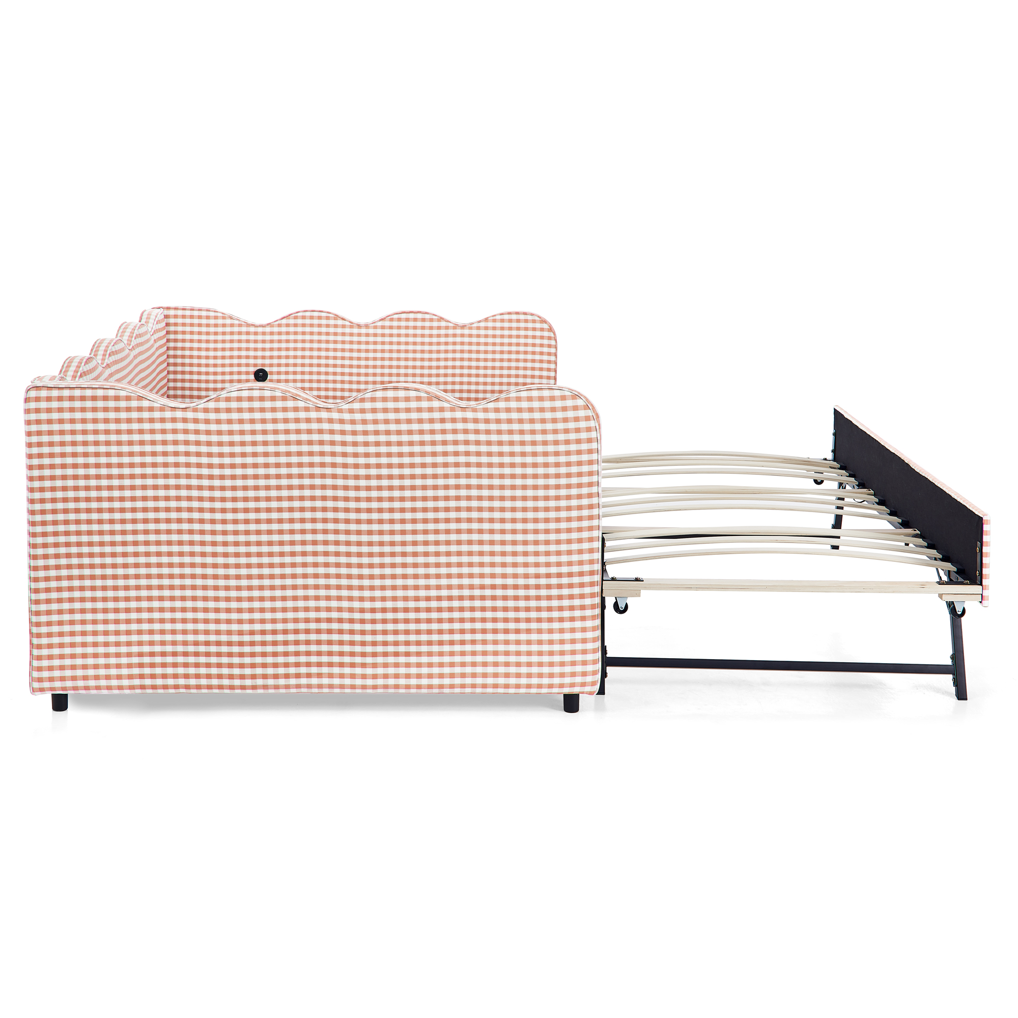 Full Size Cozy Gingham Daybed with Twin Size Trundle No Box Spring Needed, with USB Port and Adorable Wave Shaped, Linen Fabric - Image 6