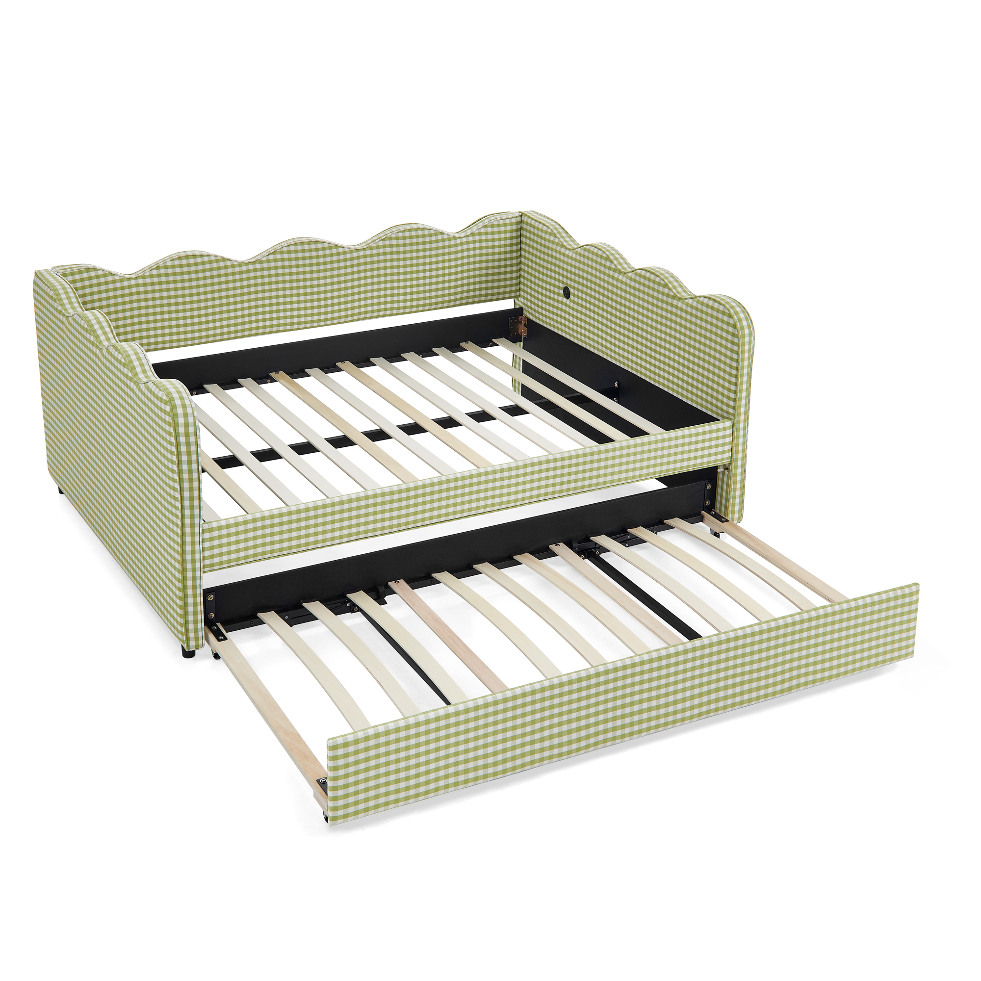 Full Size Cozy Gingham Daybed with Twin Size Trundle No Box Spring Needed, with USB Port and Adorable Wave Shaped, Linen Fabric - Image 2