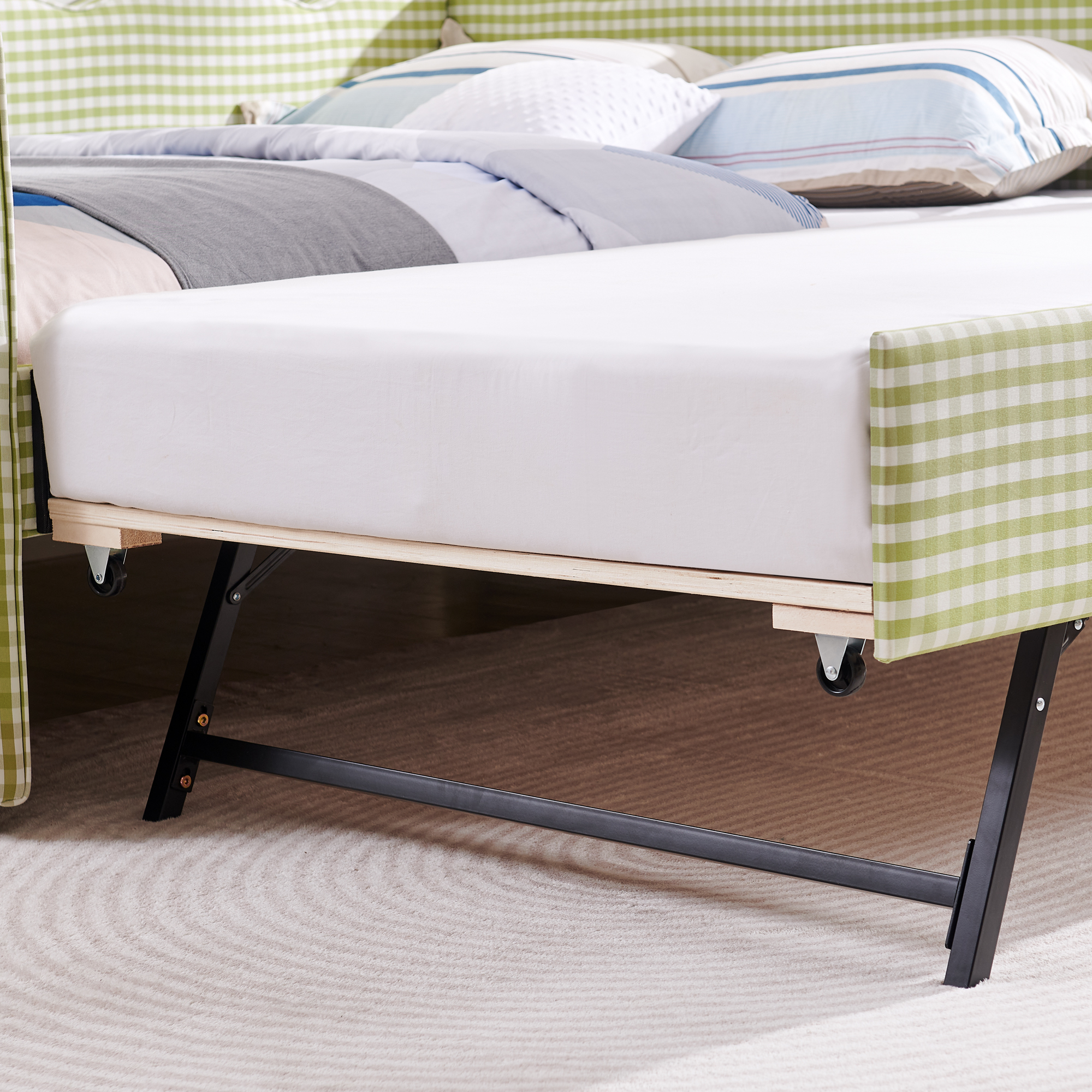 Full Size Cozy Gingham Daybed with Twin Size Trundle No Box Spring Needed, with USB Port and Adorable Wave Shaped, Linen Fabric - Image 3