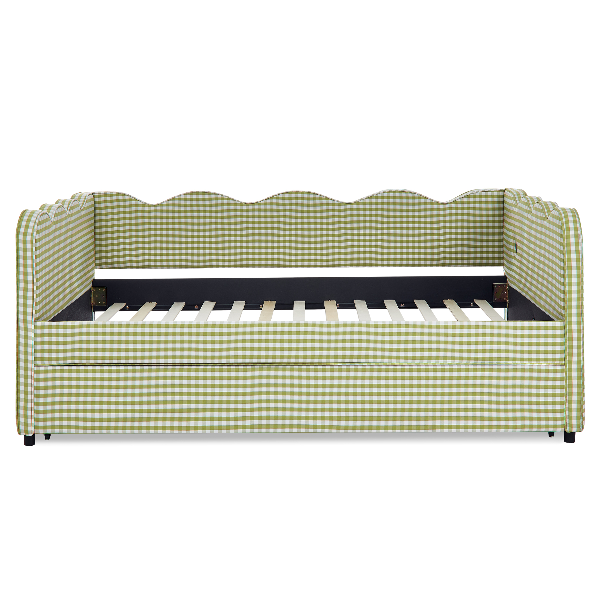 Full Size Cozy Gingham Daybed with Twin Size Trundle No Box Spring Needed, with USB Port and Adorable Wave Shaped, Linen Fabric - Image 5