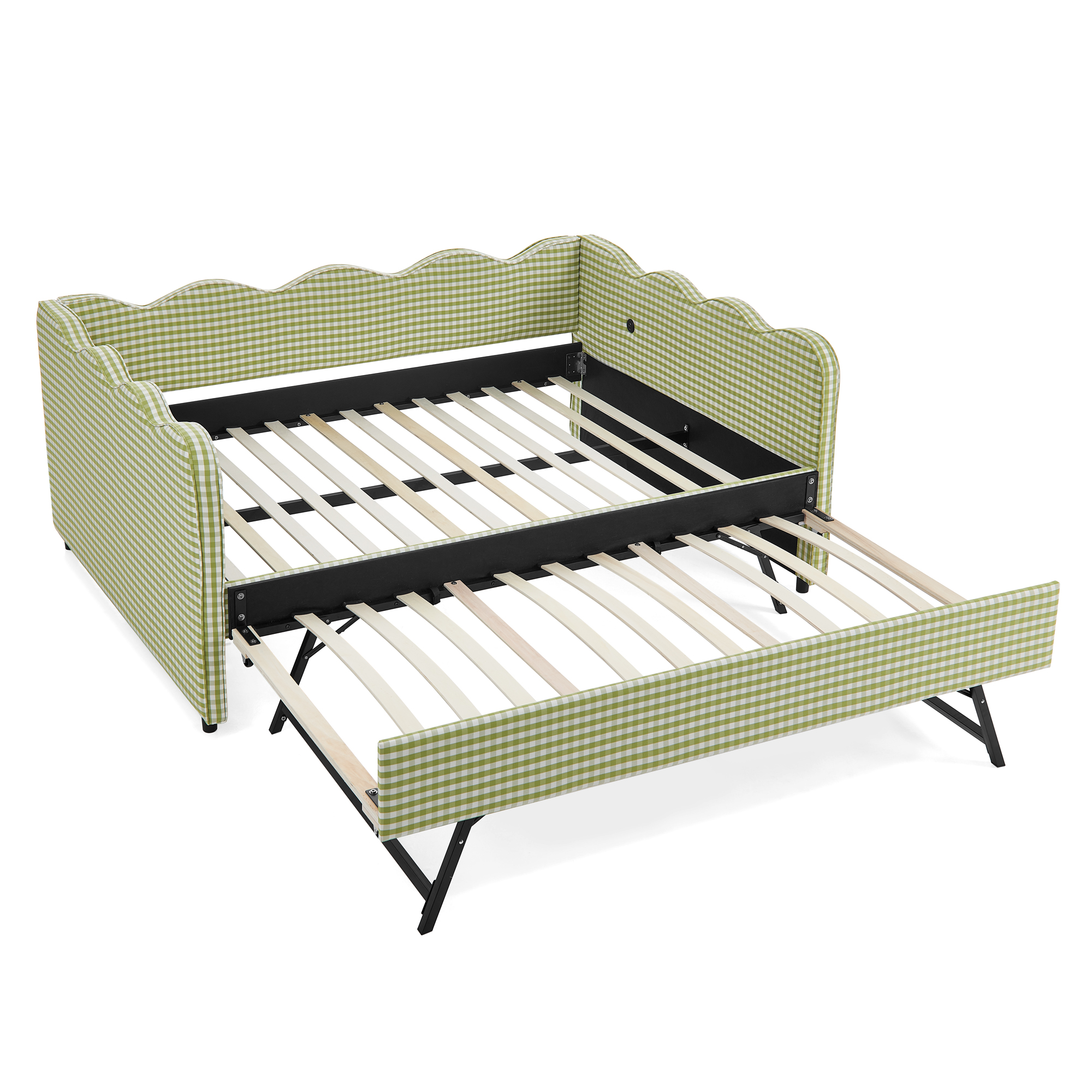 Full Size Cozy Gingham Daybed with Twin Size Trundle No Box Spring Needed, with USB Port and Adorable Wave Shaped, Linen Fabric - Image 6
