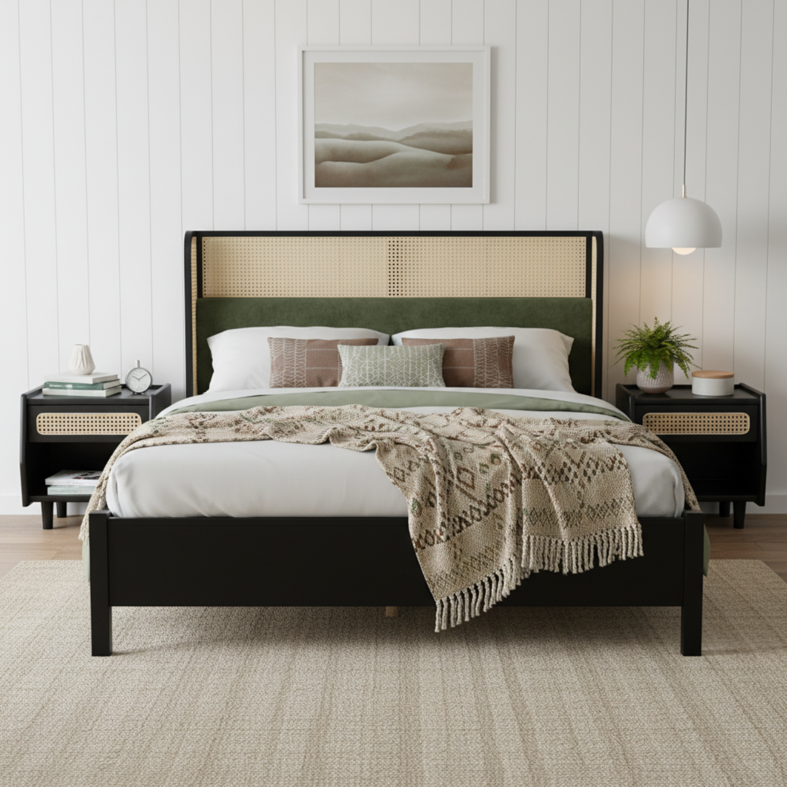 King Size Bed Frame,Black+Green,Solid+Manufactured Wood,10-12 Mattress,800lbs,No Box Spring Modern Bedroom Furniture