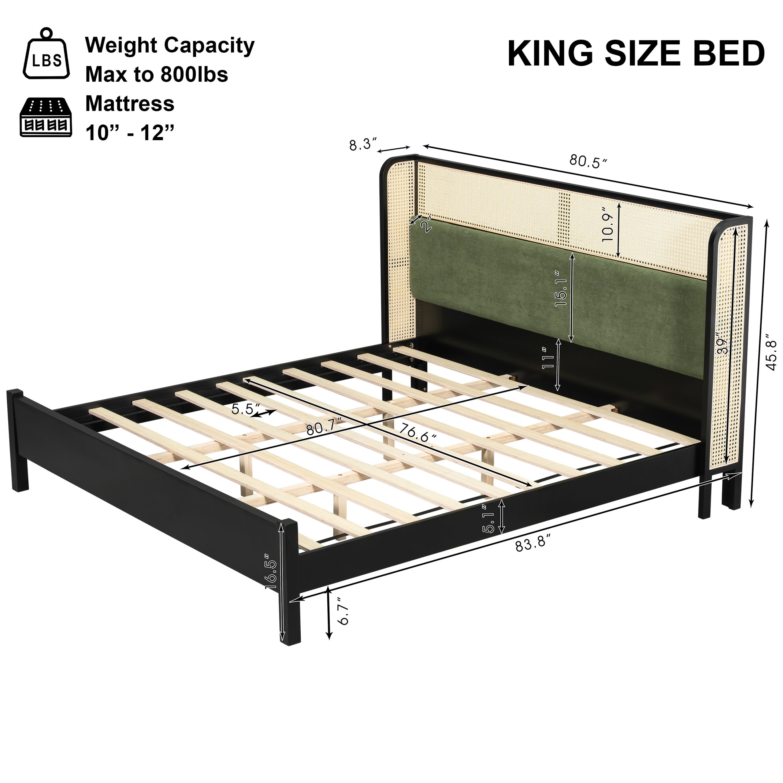 King Size Bed Frame,Black+Green,Solid+Manufactured Wood,10-12 Mattress,800lbs,No Box Spring Modern Bedroom Furniture - Image 2