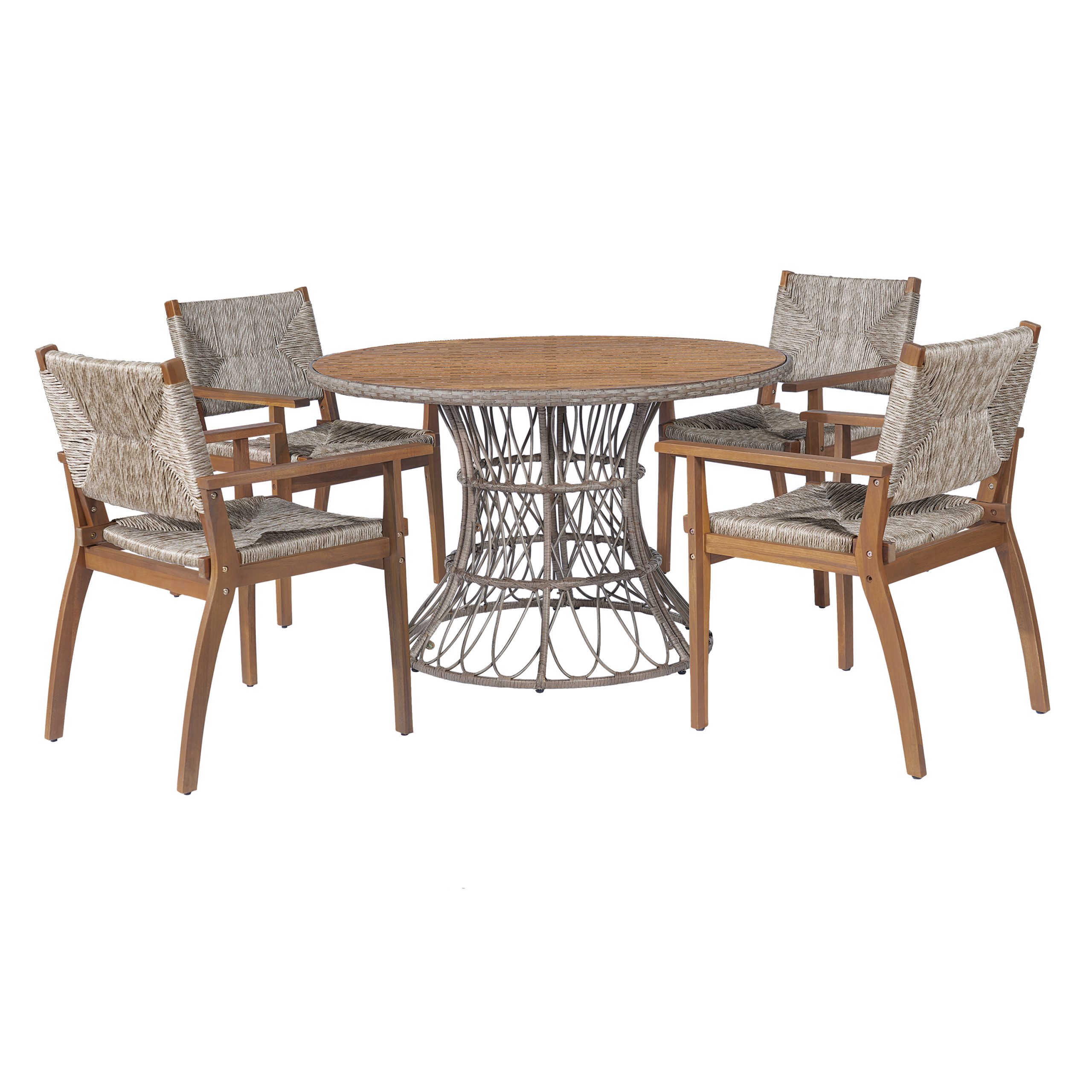 5-Piece Outdoor Dining Set: Brown Round Acacia Wood Table & 4 Brown Wicker Armchairs, Patio Garden Furniture - Image 2