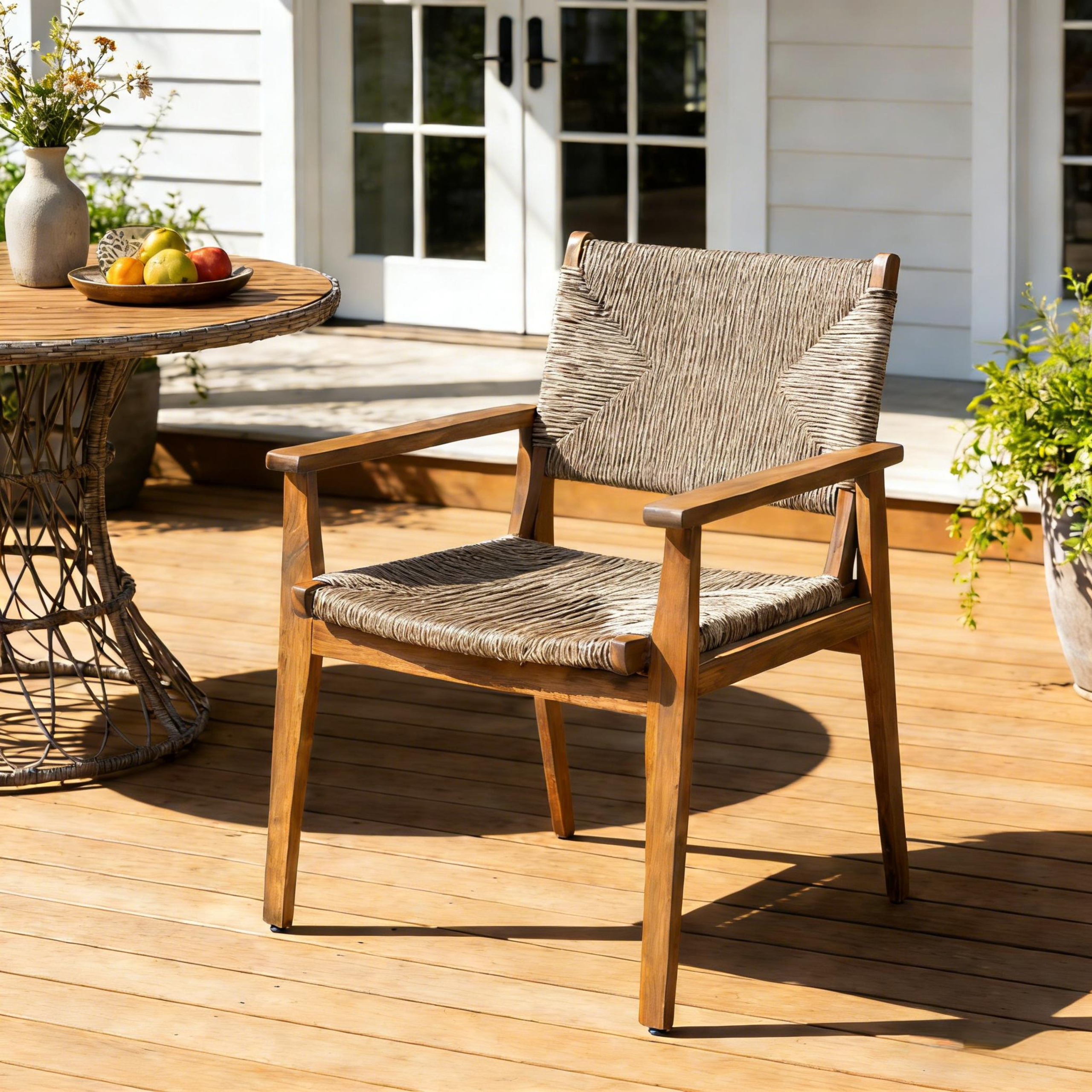 Durable Outdoor Dining Chair with Acacia Wood Frame, Handwoven Wicker Seat, Brown Finish, Patio Garden Furniture, (Compatible with Matching Table) - Image 3