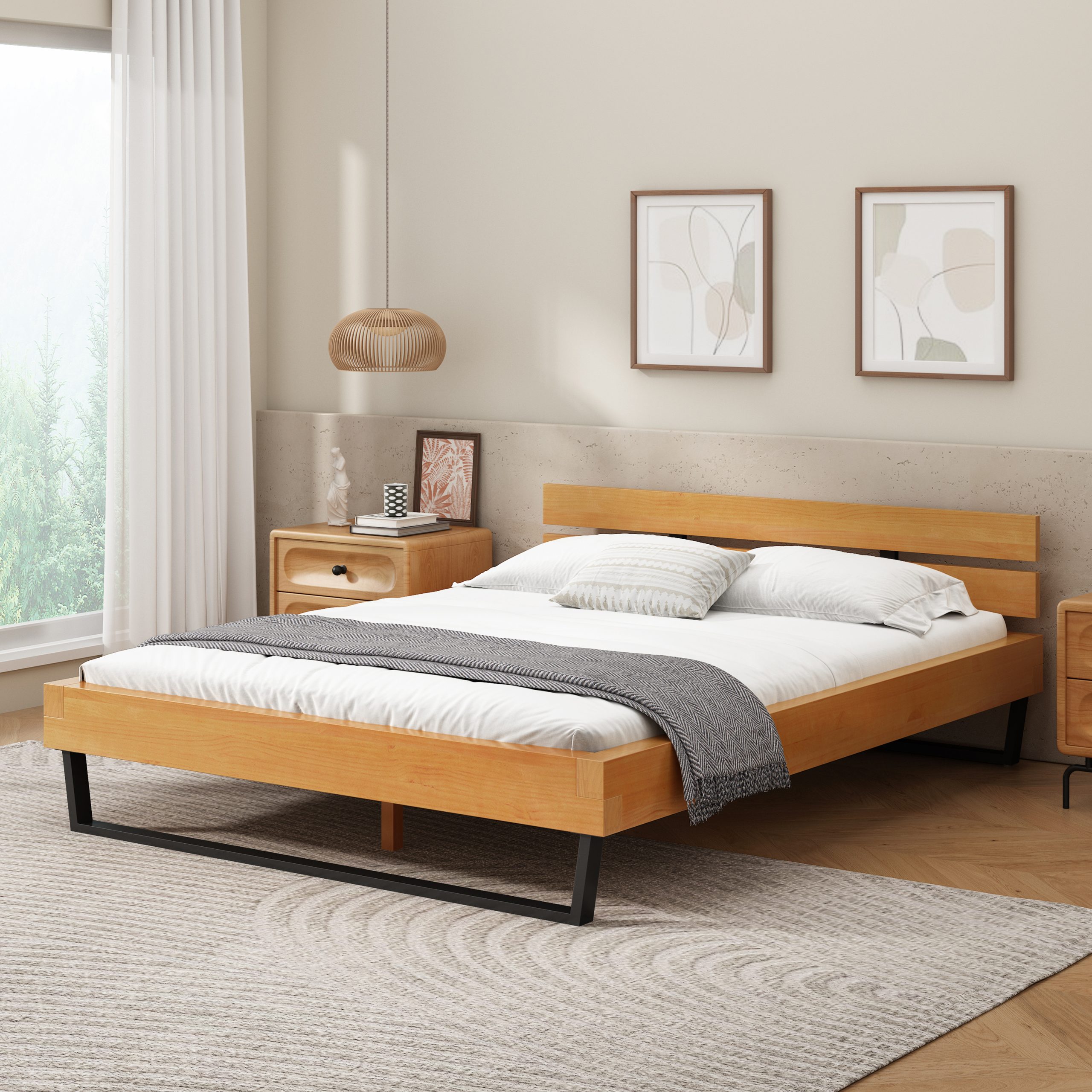 PINE WOOD BED FRAME QUEEN SIZE,NATURAL & BLACK COLOR - Image 1
