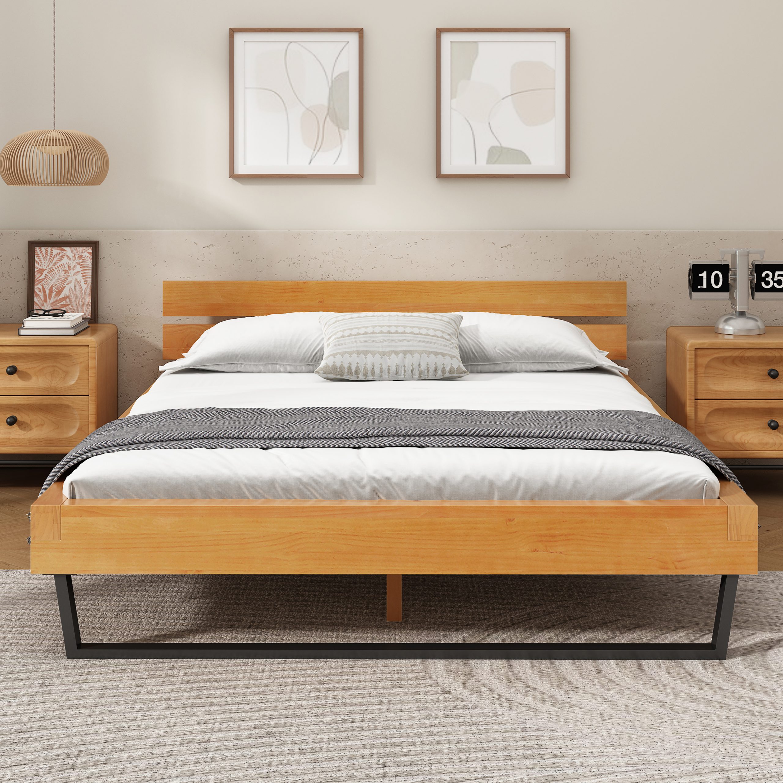 PINE WOOD BED FRAME QUEEN SIZE,NATURAL & BLACK COLOR - Image 2