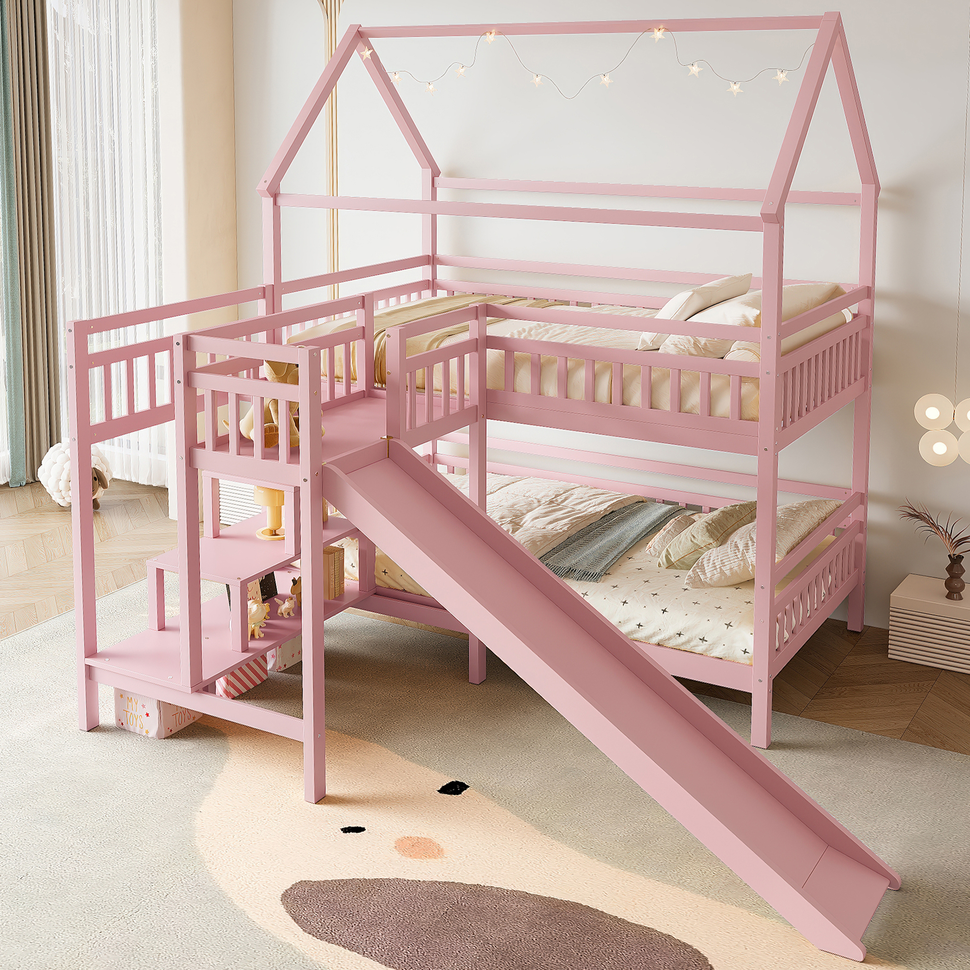 Full House-shaped Bunk bed with Slide,Playhouse Bed with Storage Stairs,Two Placement Methods ,Noise-free Design,Pink