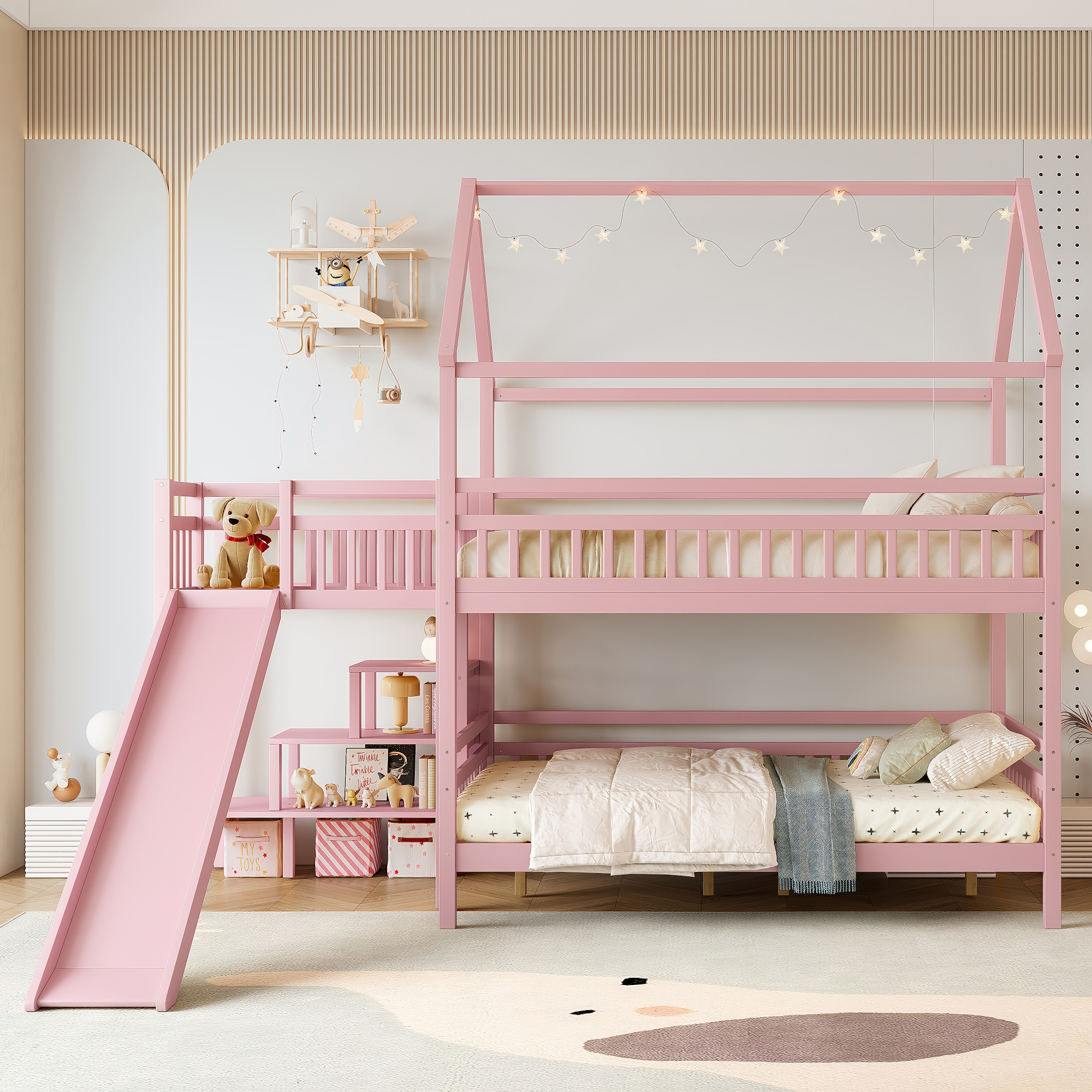 Full House-shaped Bunk bed with Slide,Playhouse Bed with Storage Stairs,Two Placement Methods ,Noise-free Design,Pink - Image 2