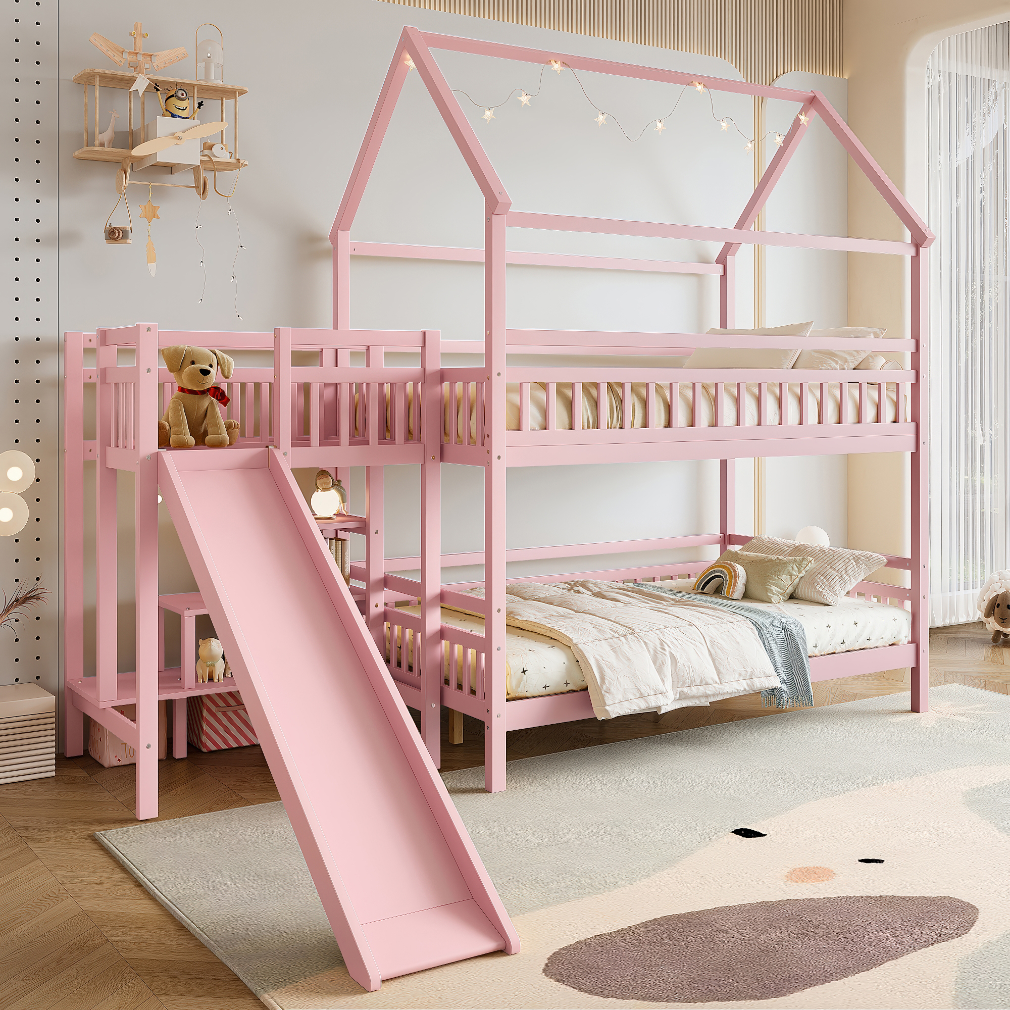 Full House-shaped Bunk bed with Slide,Playhouse Bed with Storage Stairs,Two Placement Methods ,Noise-free Design,Pink - Image 3