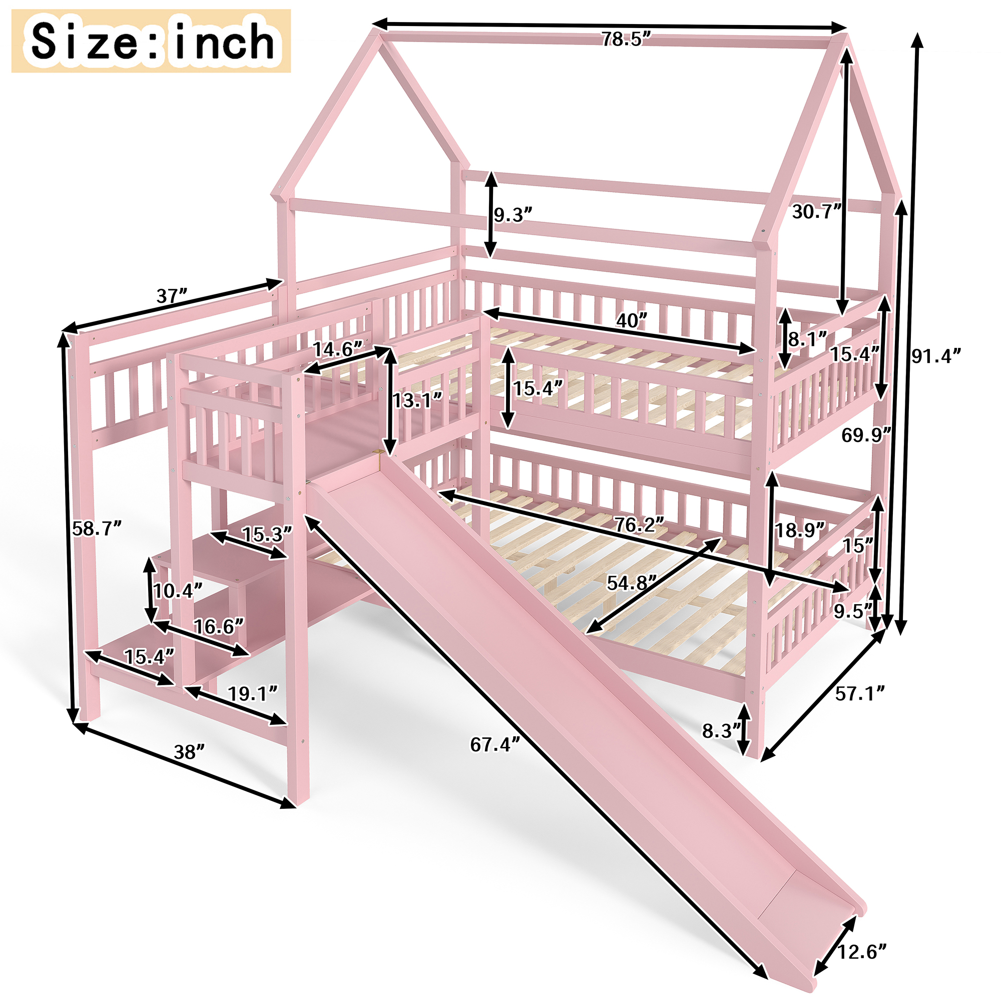 Full House-shaped Bunk bed with Slide,Playhouse Bed with Storage Stairs,Two Placement Methods ,Noise-free Design,Pink - Image 4