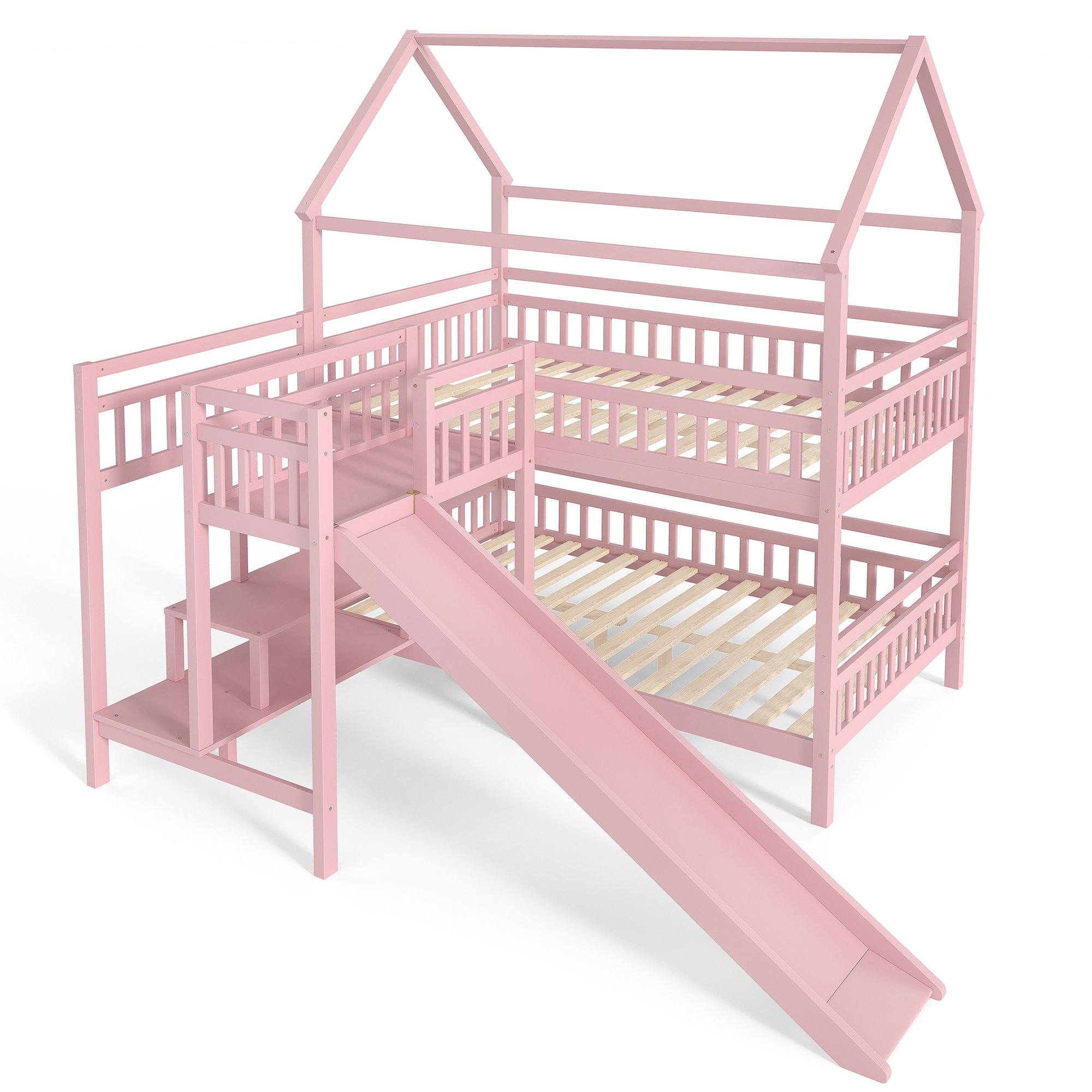 Full House-shaped Bunk bed with Slide,Playhouse Bed with Storage Stairs,Two Placement Methods ,Noise-free Design,Pink - Image 5