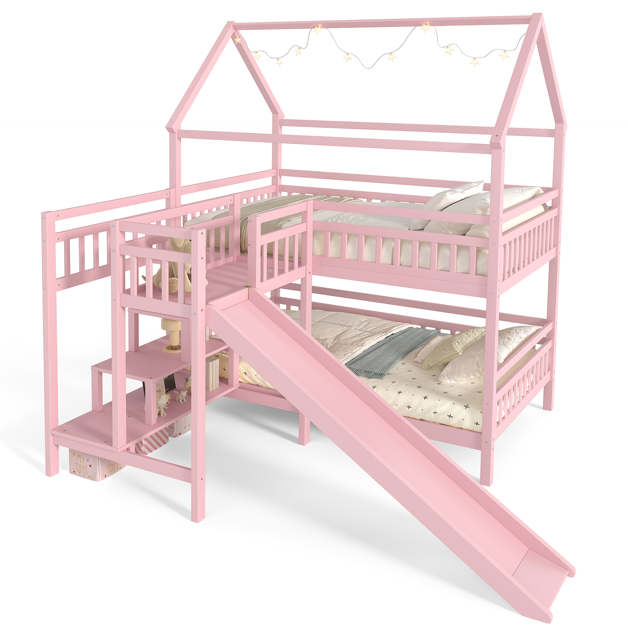 Full House-shaped Bunk bed with Slide,Playhouse Bed with Storage Stairs,Two Placement Methods ,Noise-free Design,Pink - Image 6