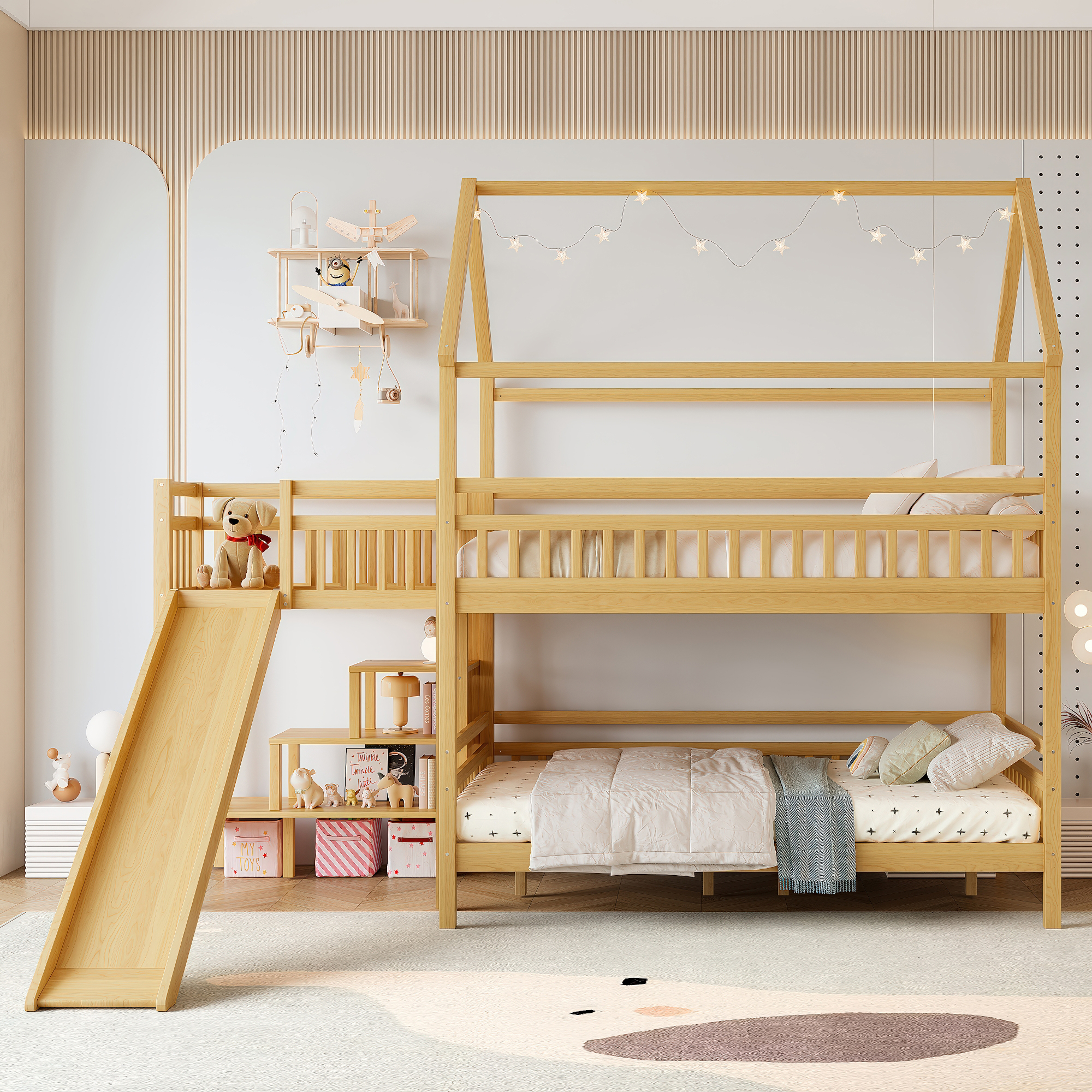 Full House-shaped Bunk bed with Slide,Playhouse Bed with Storage Stairs,Two Placement Methods ,Noise-free Design, Natural - Image 2