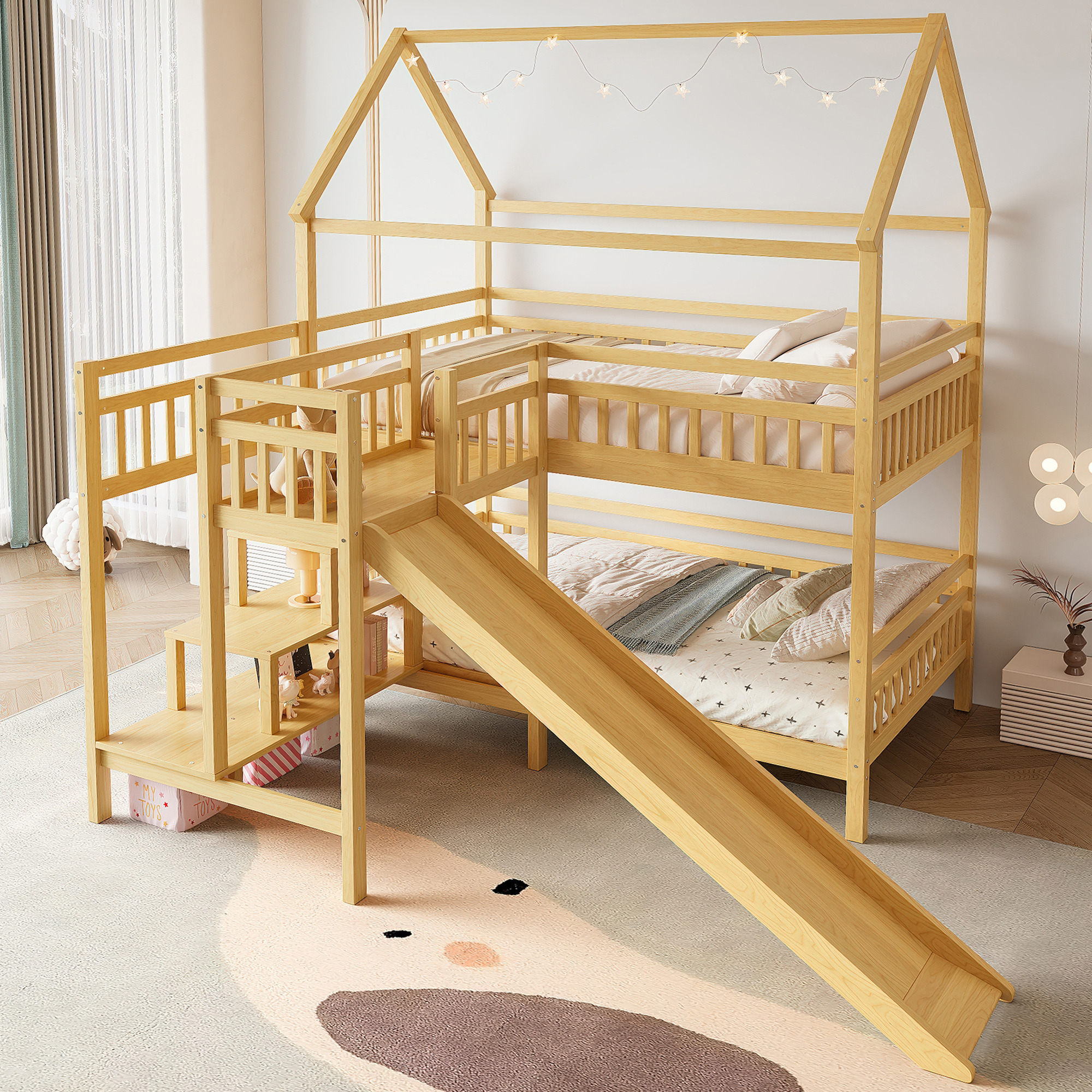Full House-shaped Bunk bed with Slide,Playhouse Bed with Storage Stairs,Two Placement Methods ,Noise-free Design, Natural - Image 3