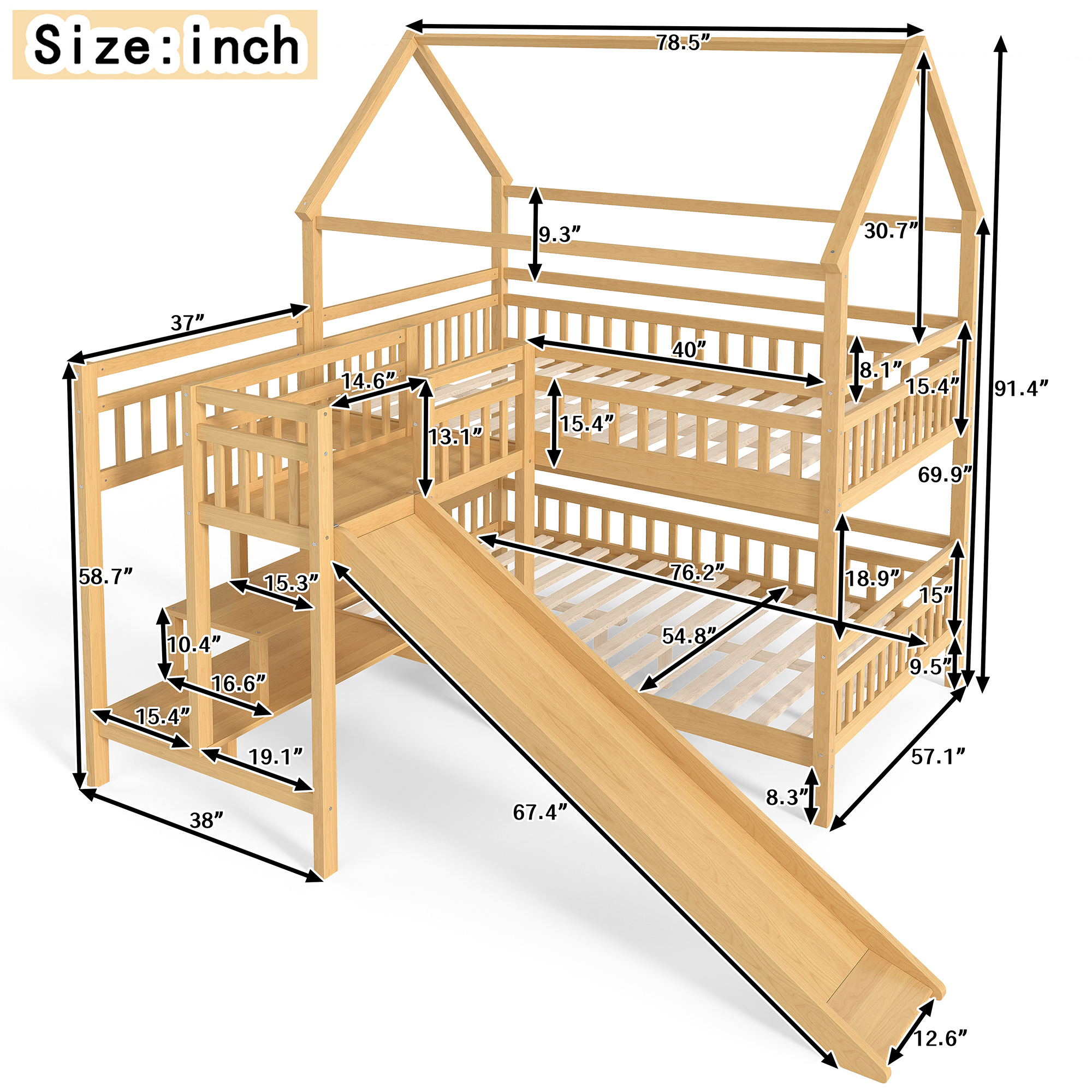 Full House-shaped Bunk bed with Slide,Playhouse Bed with Storage Stairs,Two Placement Methods ,Noise-free Design, Natural - Image 4