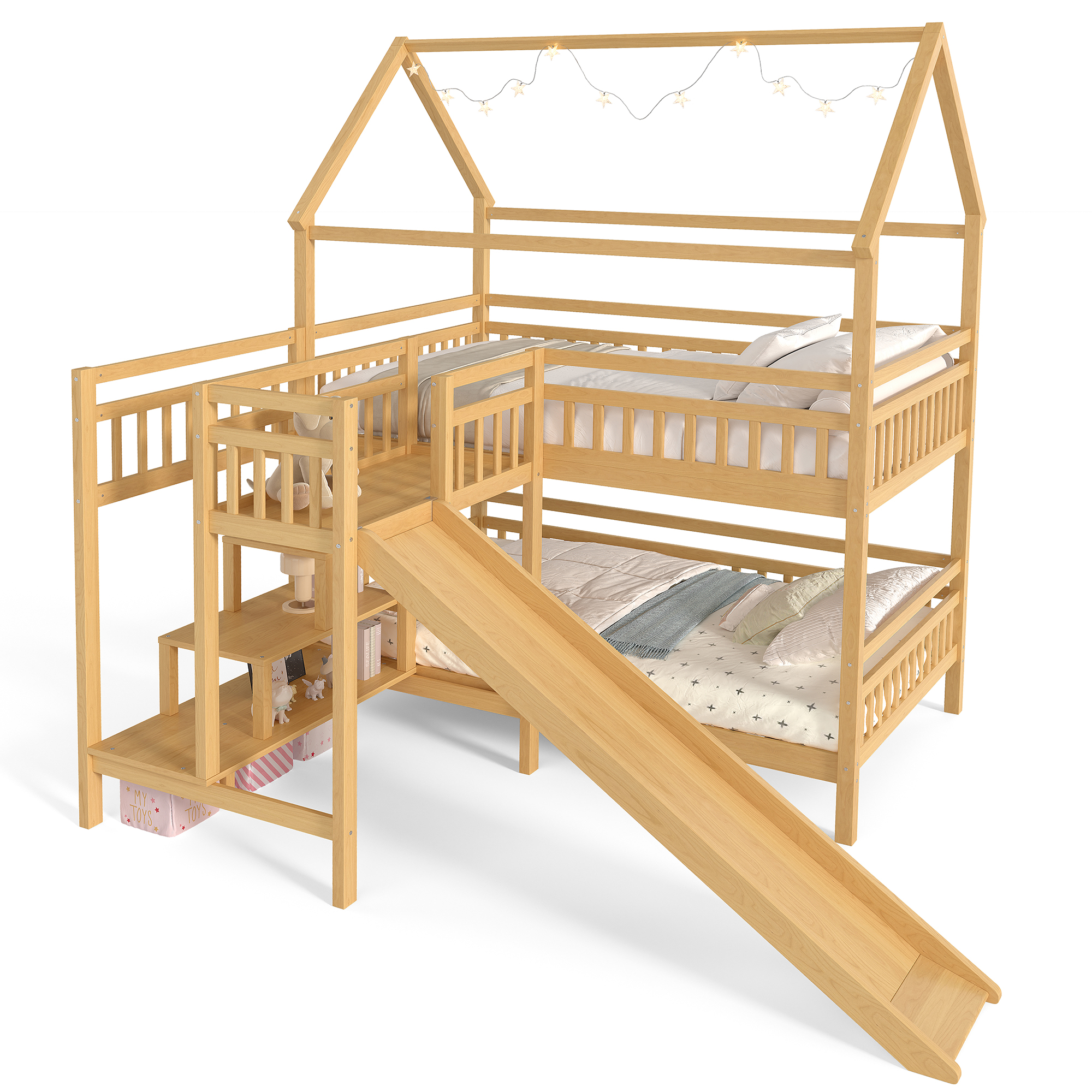 Full House-shaped Bunk bed with Slide,Playhouse Bed with Storage Stairs,Two Placement Methods ,Noise-free Design, Natural - Image 5
