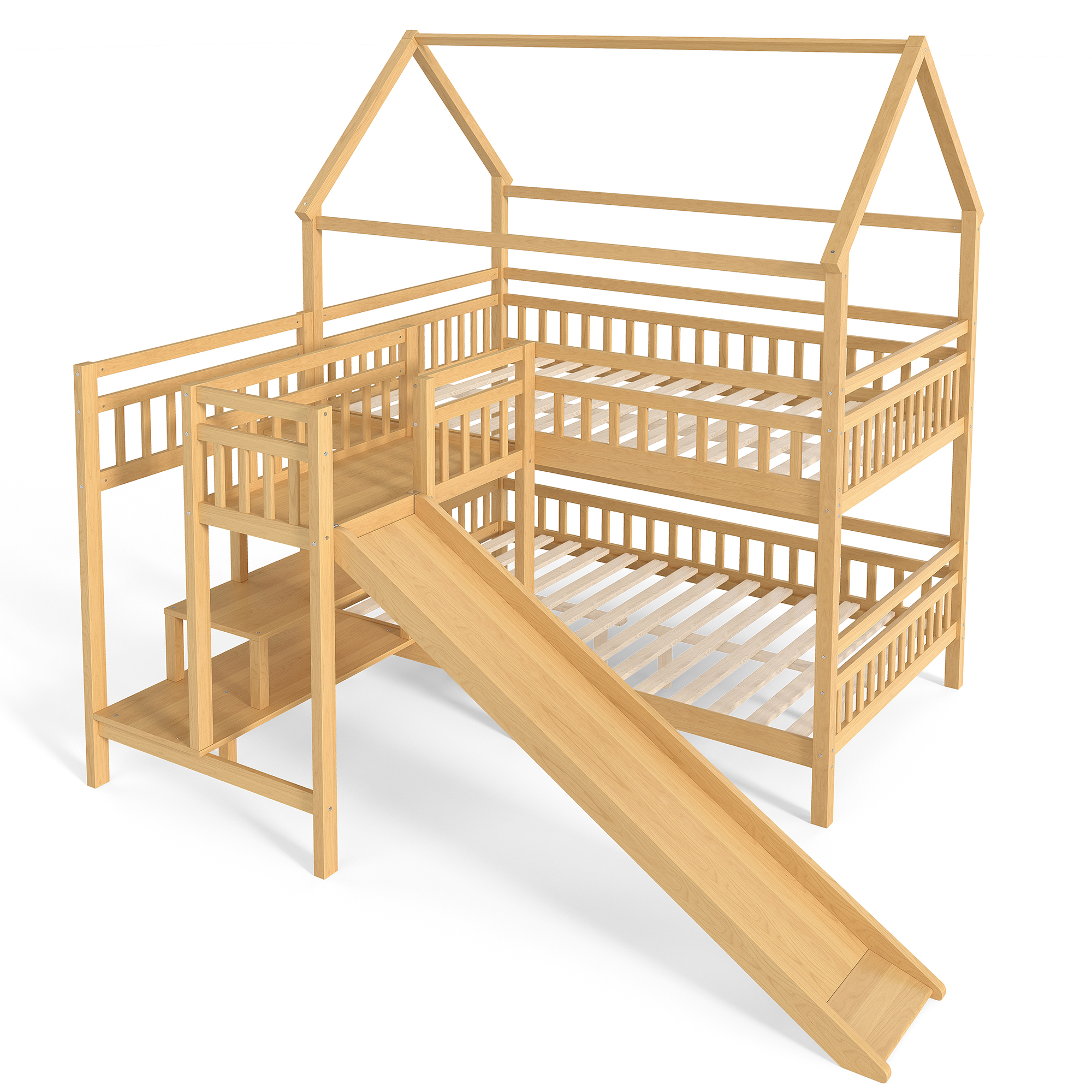 Full House-shaped Bunk bed with Slide,Playhouse Bed with Storage Stairs,Two Placement Methods ,Noise-free Design, Natural - Image 6