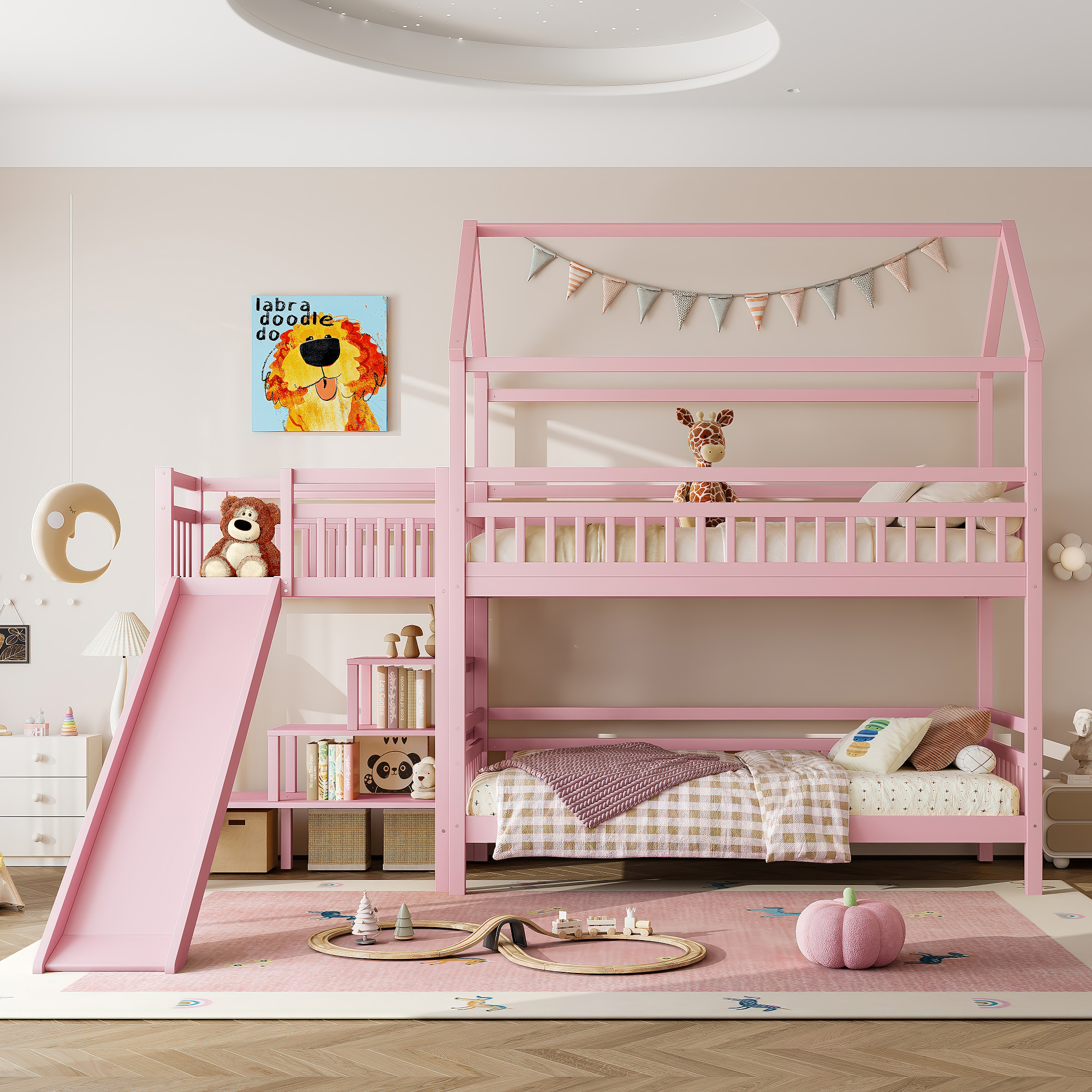 Twin House-shaped Bunk bed with Slide,Playhouse Bed with Storage Stairs,Two Placement Methods ,Noise-free Design, Pink - Image 2