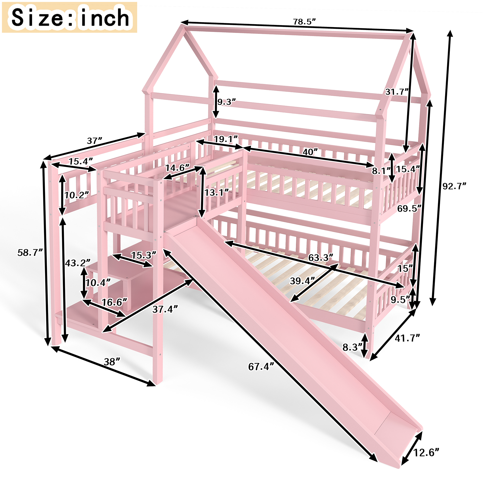 Twin House-shaped Bunk bed with Slide,Playhouse Bed with Storage Stairs,Two Placement Methods ,Noise-free Design, Pink - Image 4