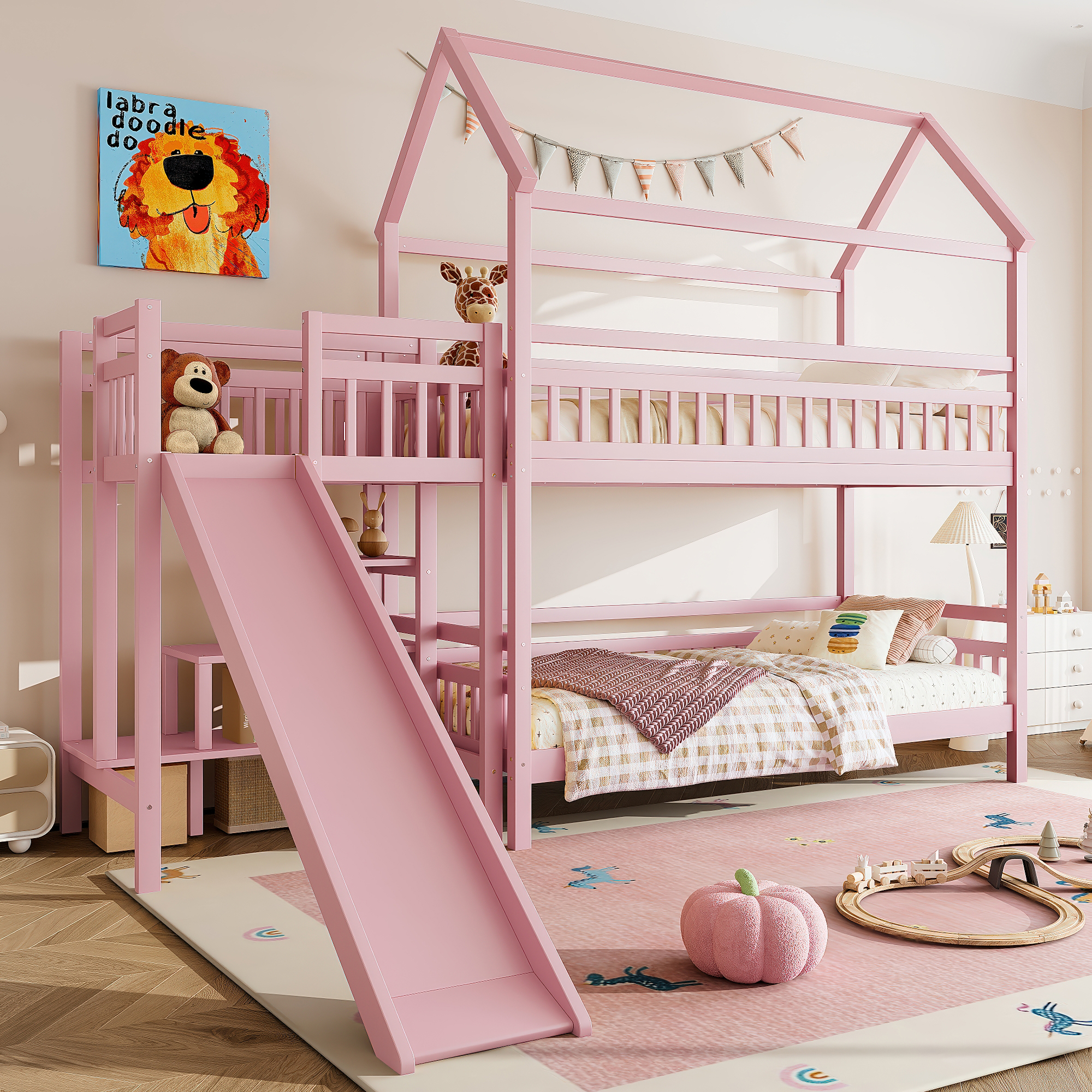 Twin House-shaped Bunk bed with Slide,Playhouse Bed with Storage Stairs,Two Placement Methods ,Noise-free Design, Pink - Image 3