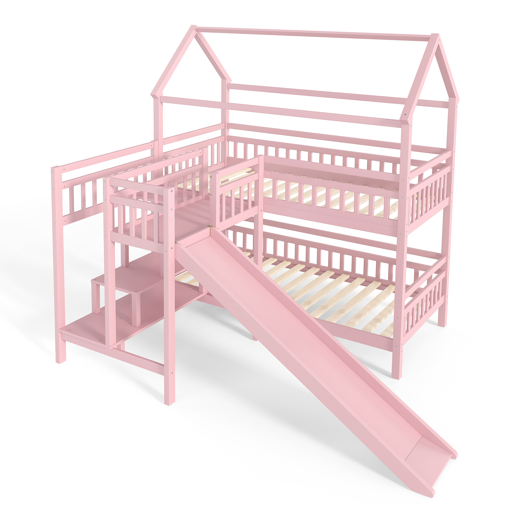 Twin House-shaped Bunk bed with Slide,Playhouse Bed with Storage Stairs,Two Placement Methods ,Noise-free Design, Pink - Image 5