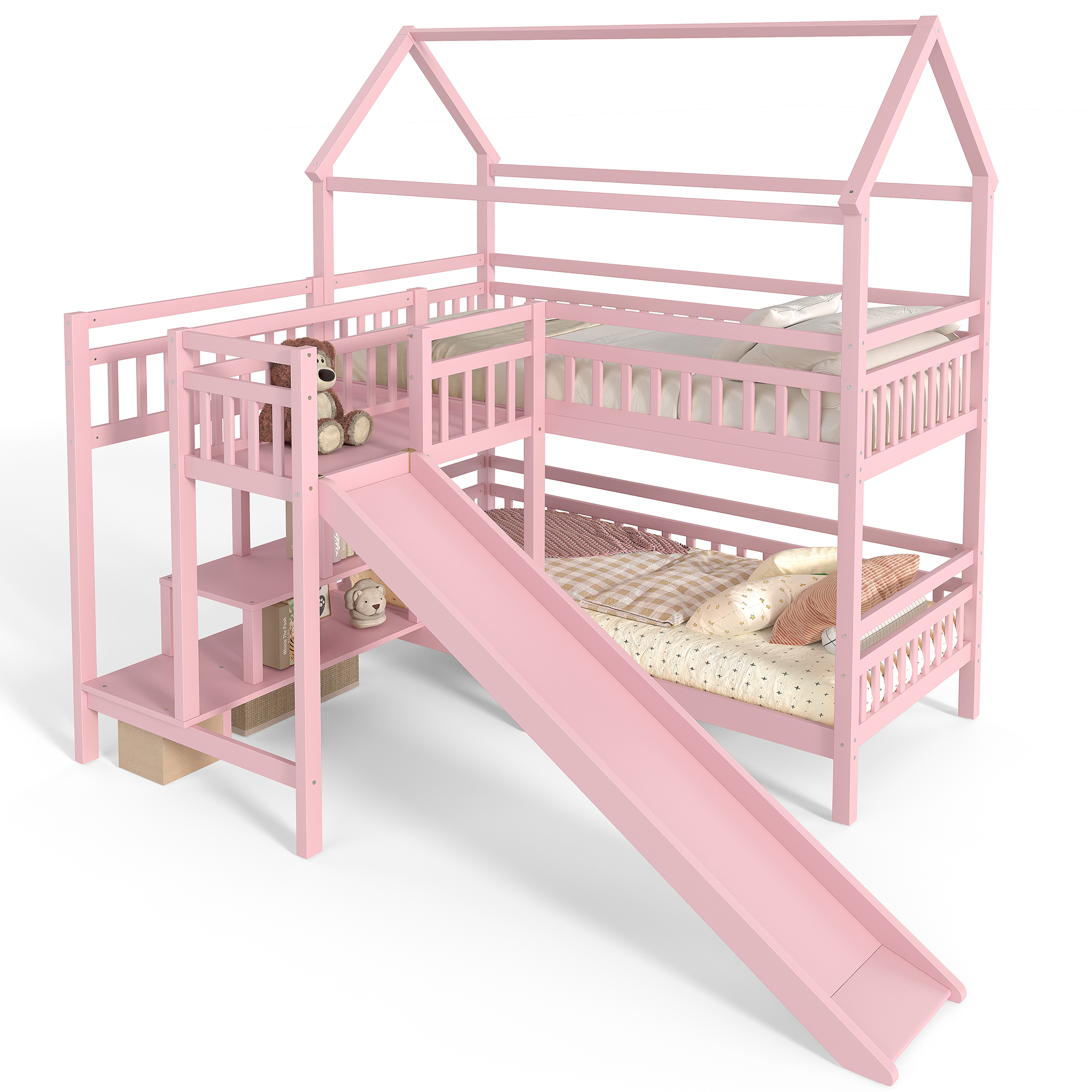 Twin House-shaped Bunk bed with Slide,Playhouse Bed with Storage Stairs,Two Placement Methods ,Noise-free Design, Pink - Image 6