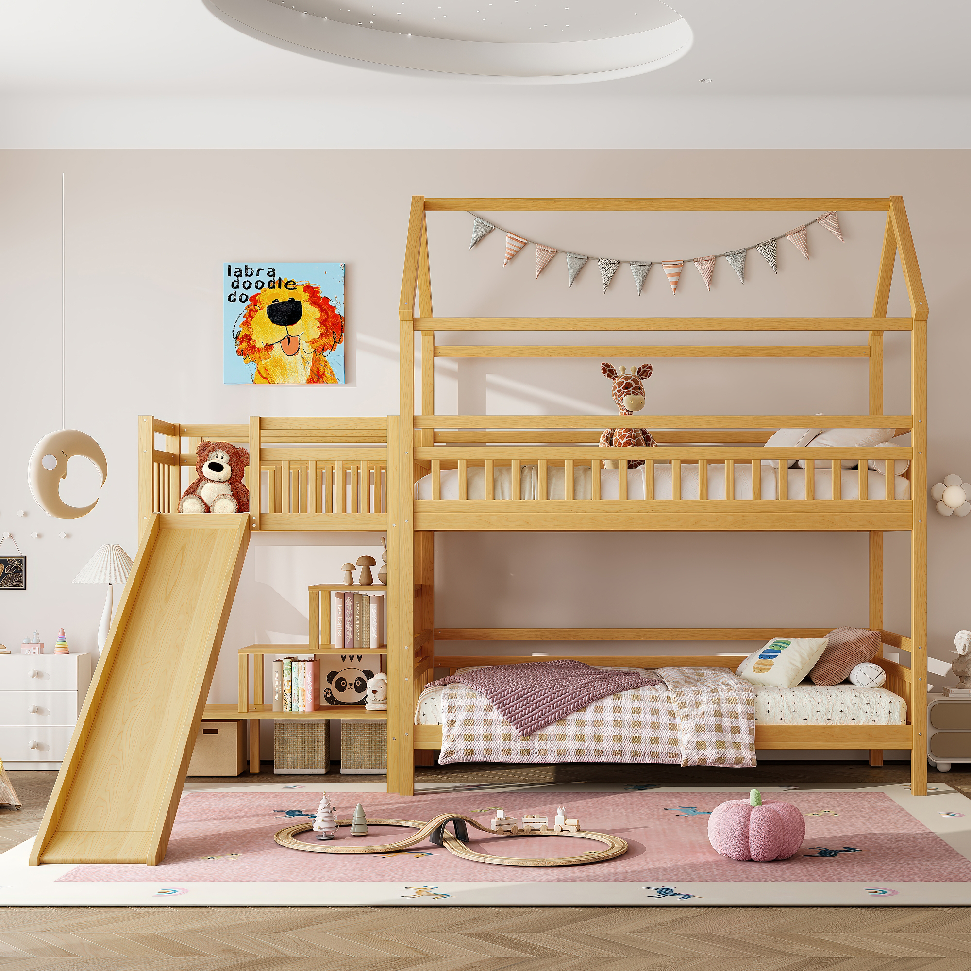 Twin House-shaped Bunk bed with Slide,Playhouse Bed with Storage Stairs,Two Placement Methods ,Noise-free Design, Natural - Image 2