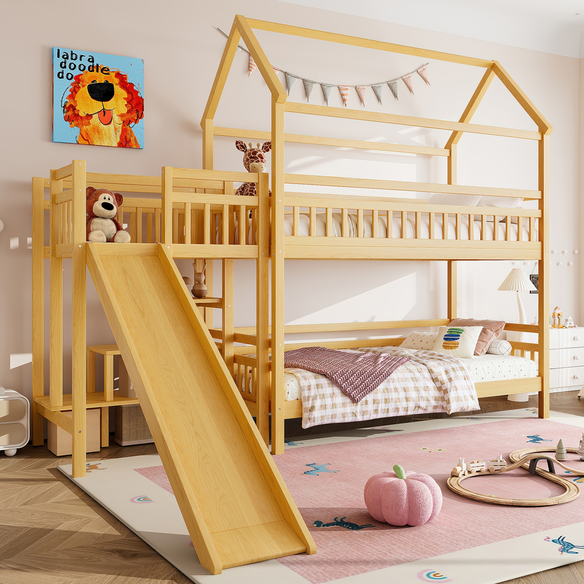 Twin House-shaped Bunk bed with Slide,Playhouse Bed with Storage Stairs,Two Placement Methods ,Noise-free Design, Natural - Image 3