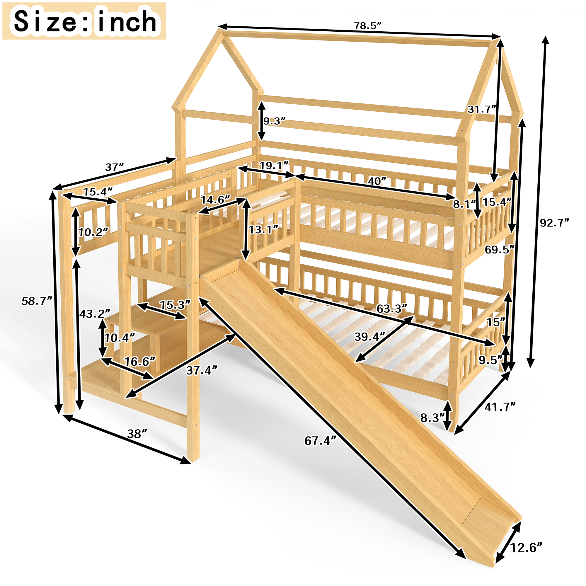 Twin House-shaped Bunk bed with Slide,Playhouse Bed with Storage Stairs,Two Placement Methods ,Noise-free Design, Natural - Image 4