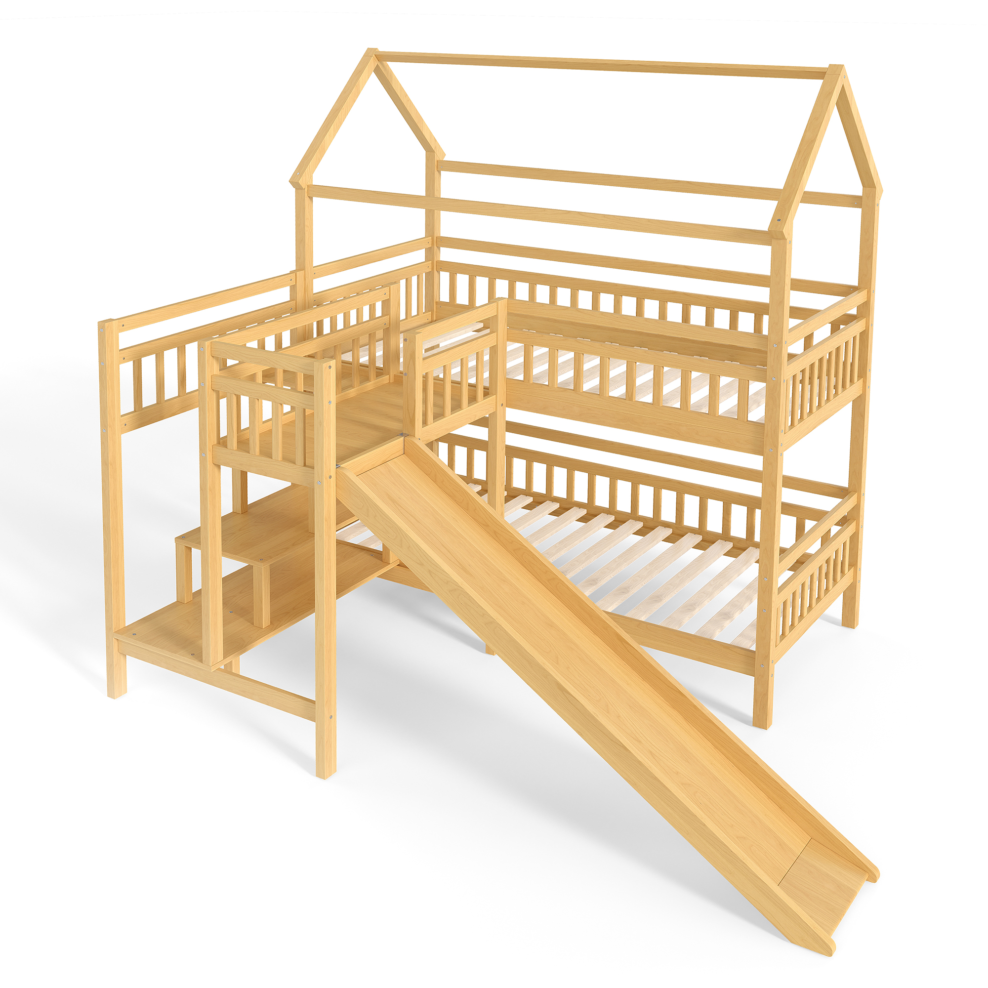 Twin House-shaped Bunk bed with Slide,Playhouse Bed with Storage Stairs,Two Placement Methods ,Noise-free Design, Natural - Image 5