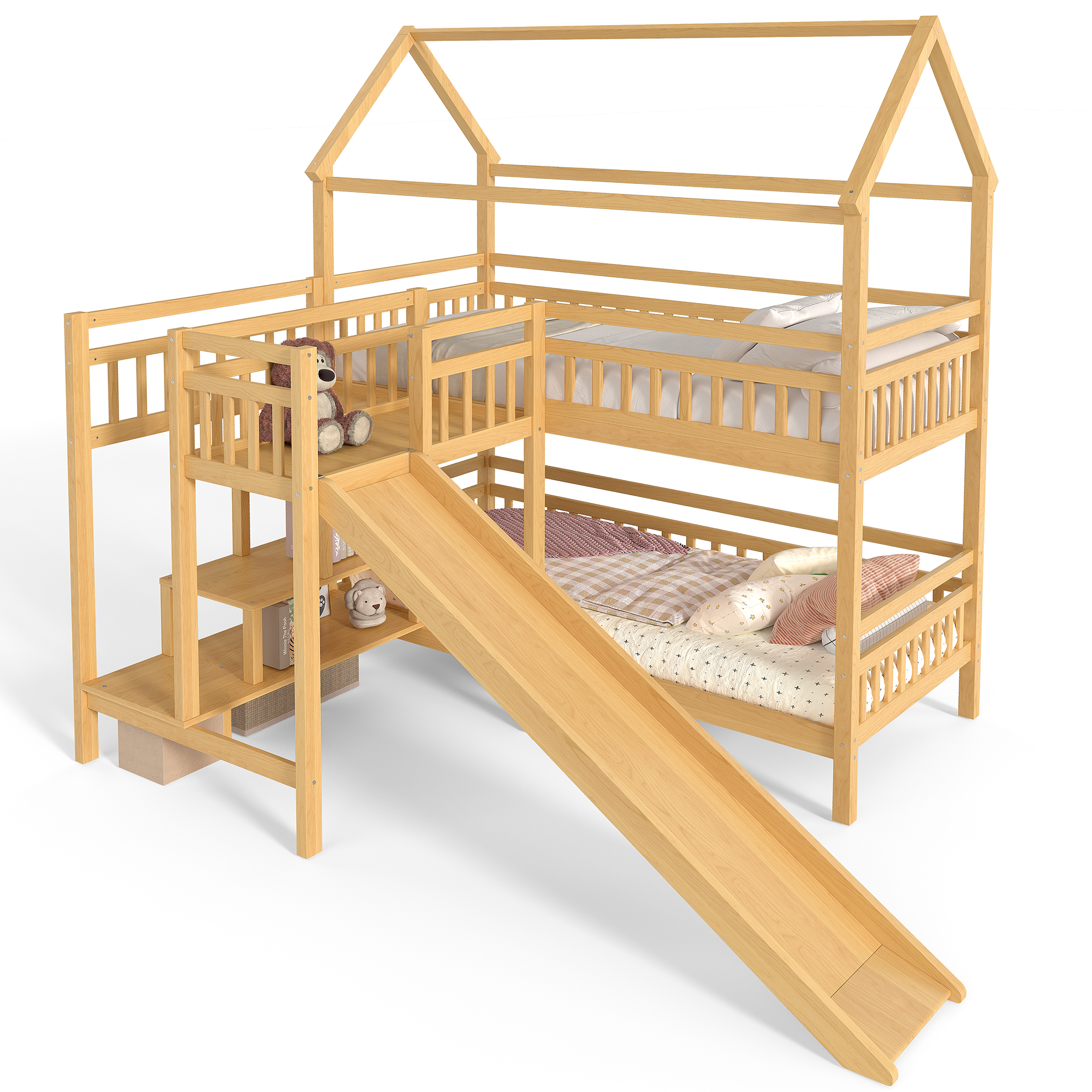 Twin House-shaped Bunk bed with Slide,Playhouse Bed with Storage Stairs,Two Placement Methods ,Noise-free Design, Natural - Image 6