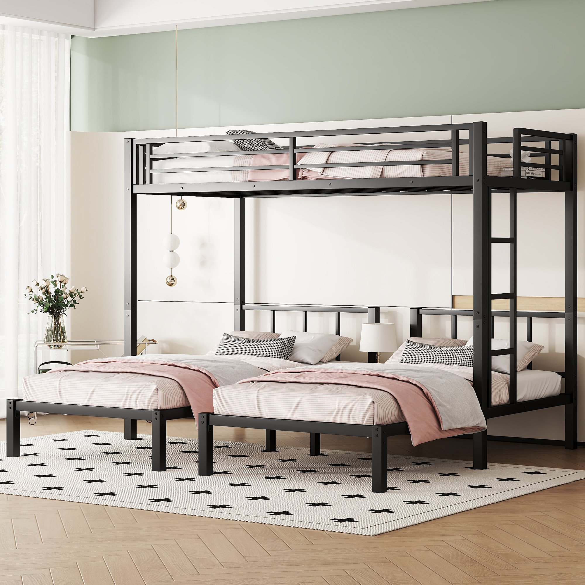 Twin over Twin & Twin Bunk Beds for 3, Twin XL over Twin & Twin Bunk Bed Metal Triple Bunk Bed, Black - Image 1