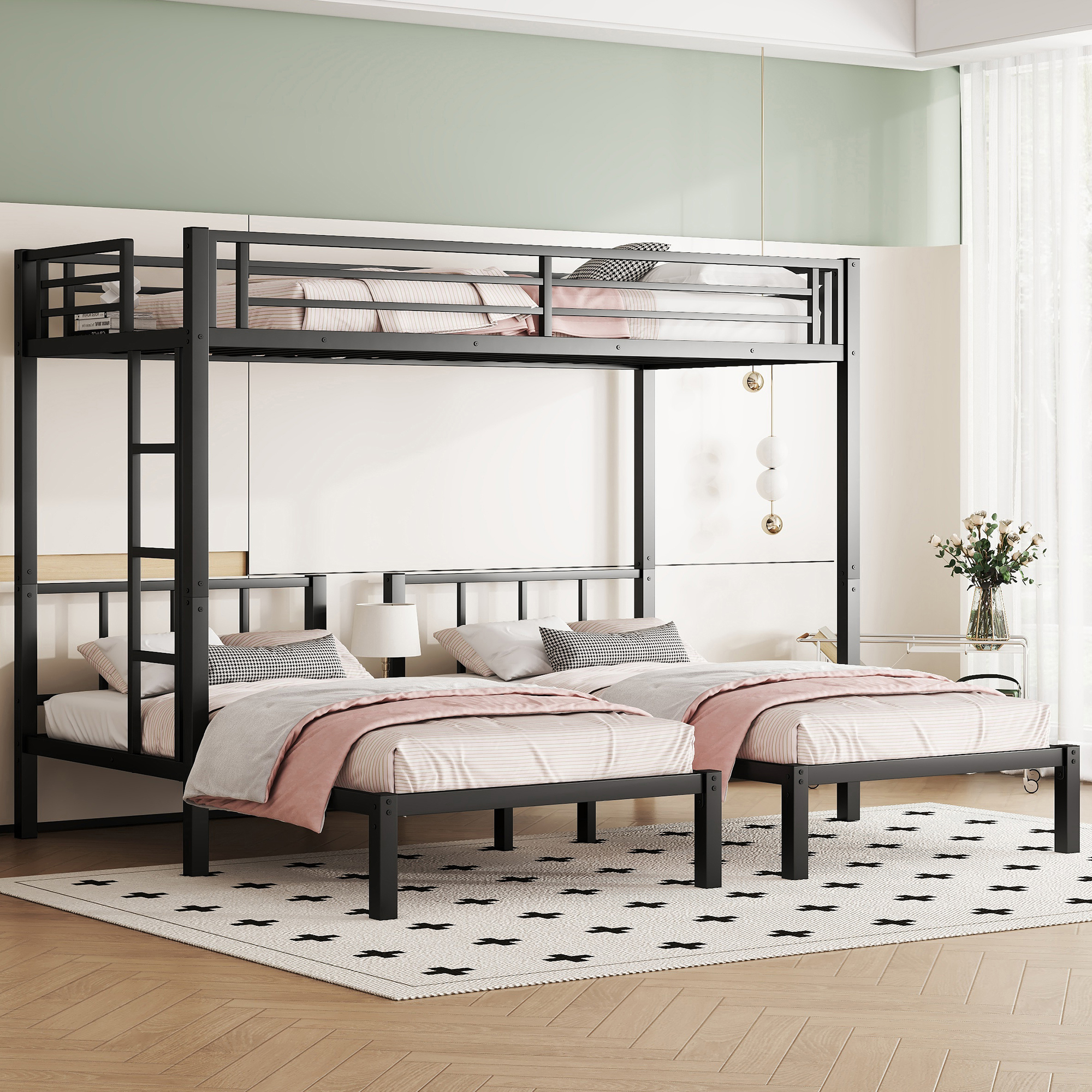 Twin over Twin & Twin Bunk Beds for 3, Twin XL over Twin & Twin Bunk Bed Metal Triple Bunk Bed, Black - Image 3