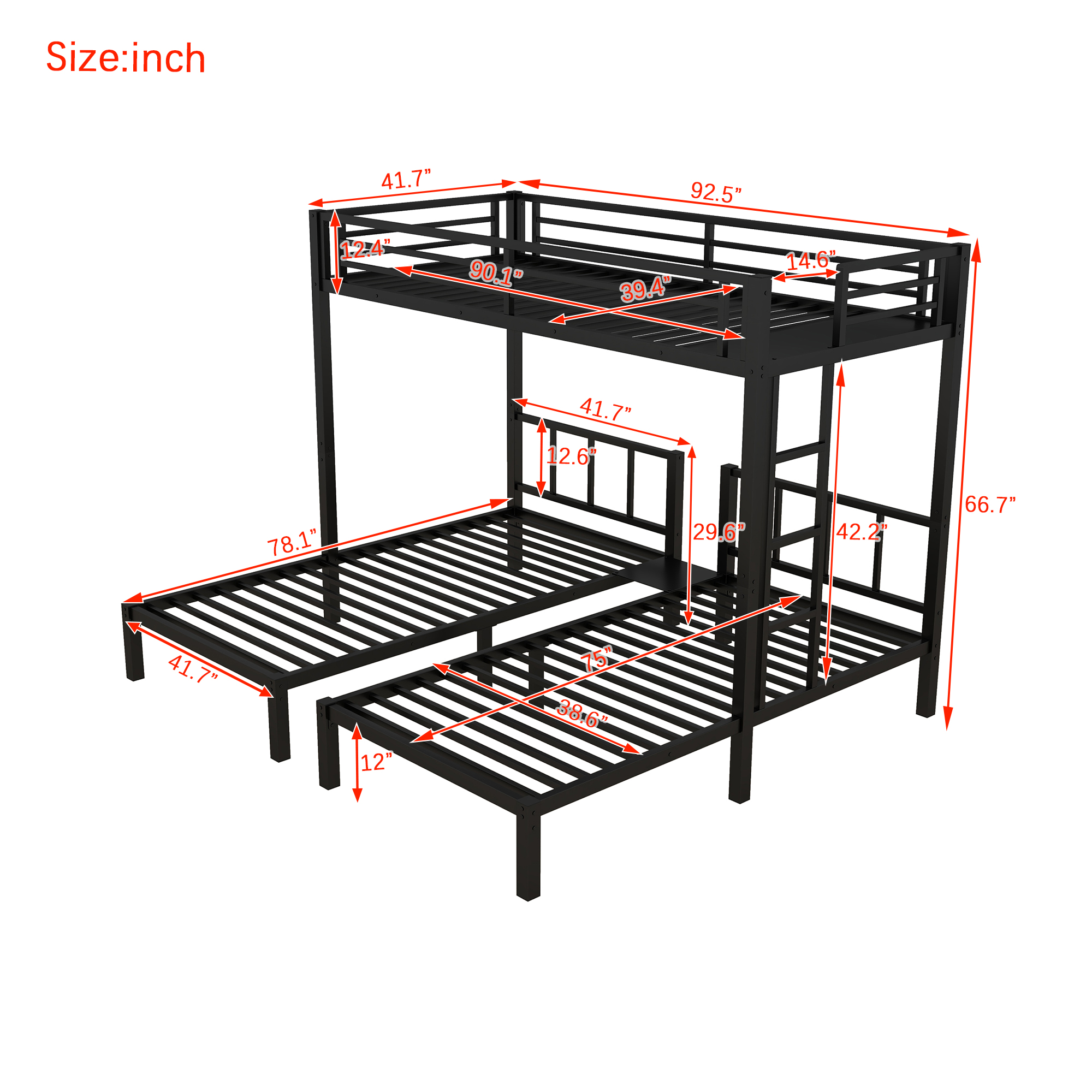 Twin over Twin & Twin Bunk Beds for 3, Twin XL over Twin & Twin Bunk Bed Metal Triple Bunk Bed, Black - Image 5