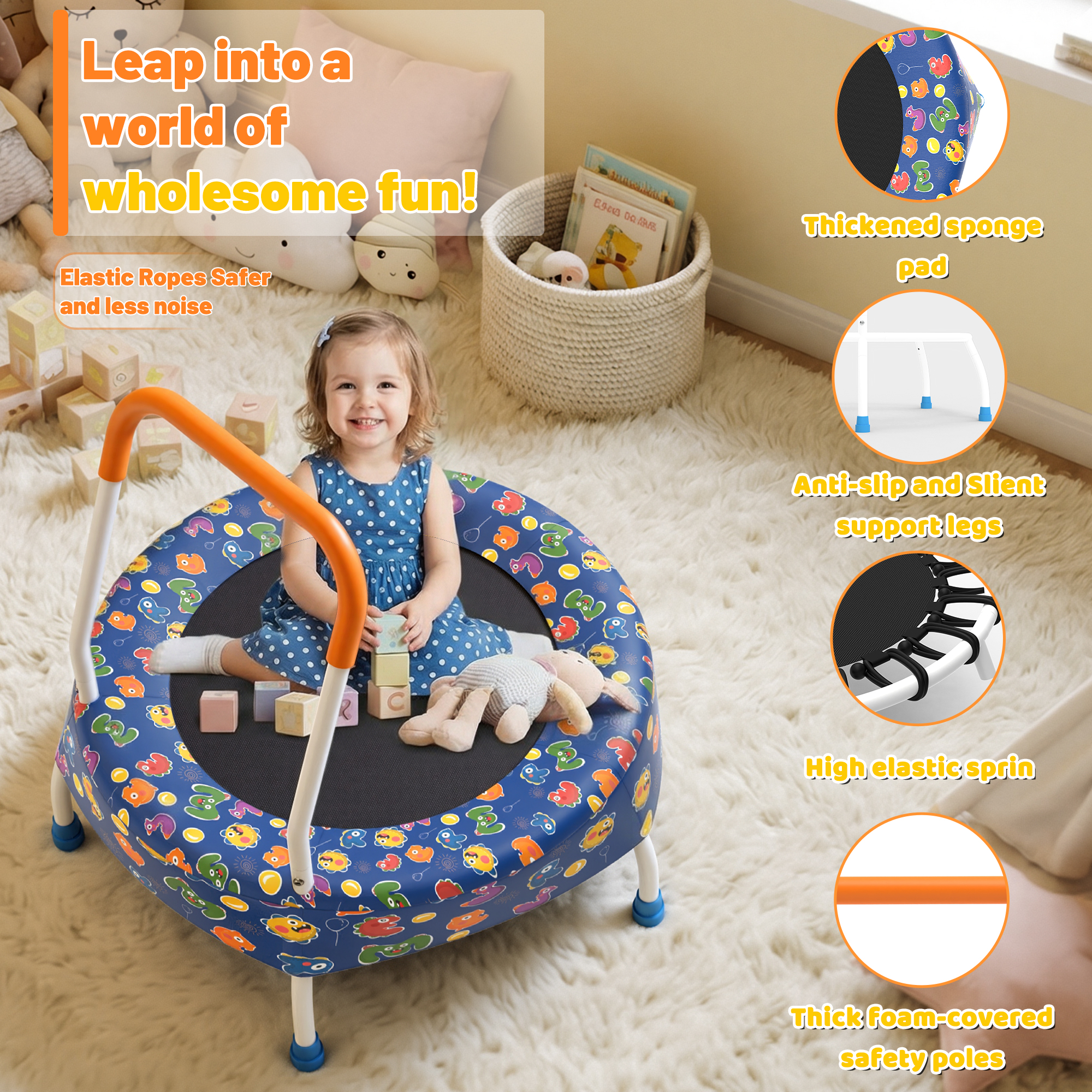 28inch Toddler Trampoline for Kids 1 Year Plus with Handle, Baby Gifts for Boys and Girls, Indoor and Outdoor - Image 6