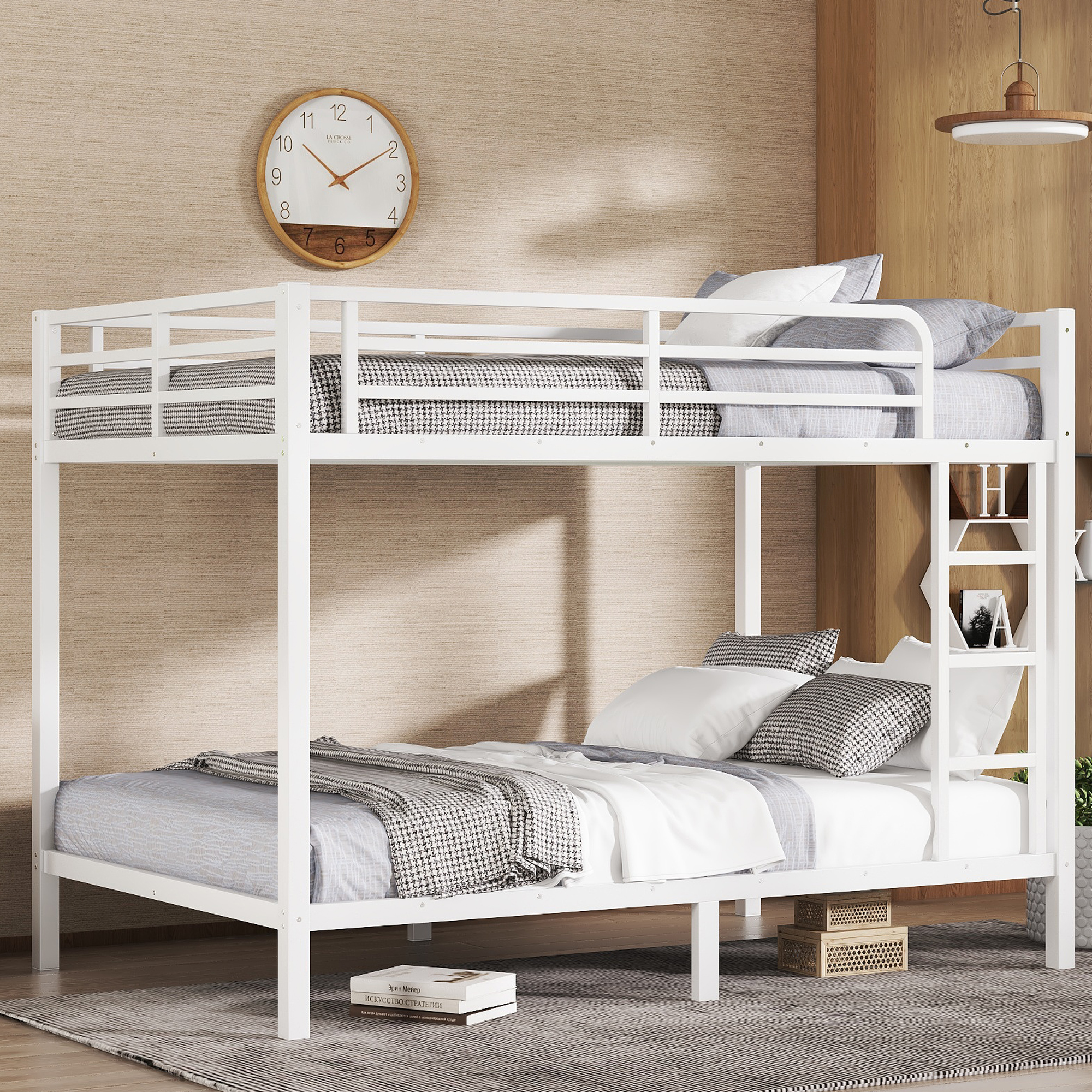 Metal Full XL over Full XL Bunk Bed for Teens and Adults,Space-Saving/Noise Reduced/No Box Spring Needed, White - Image 1
