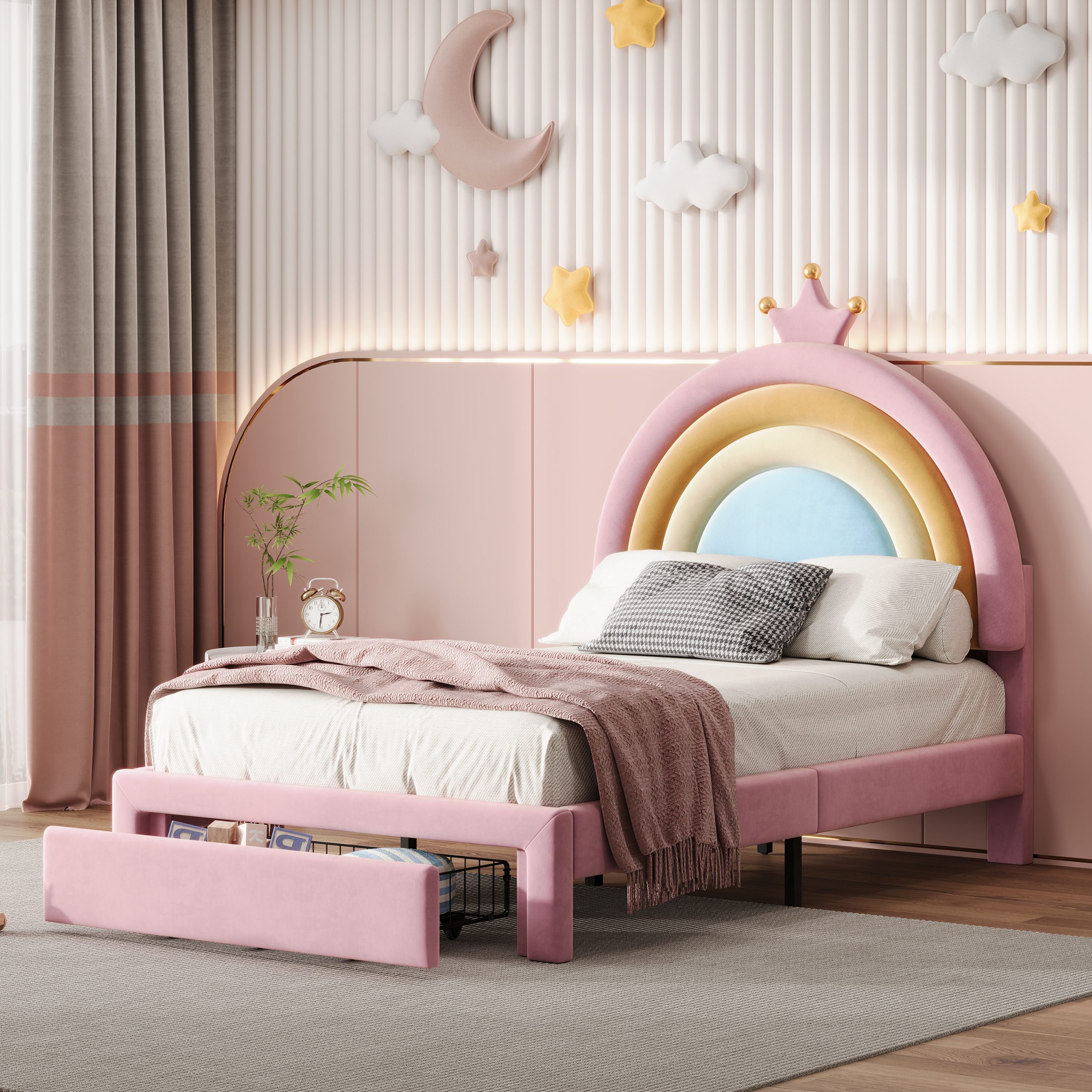 Twin Size Upholstered Rainbow Design Bed, Velvet Princess Platform Bed with Storage Drawer, No Box-spring Needed,Colorful&Pink - Image 1