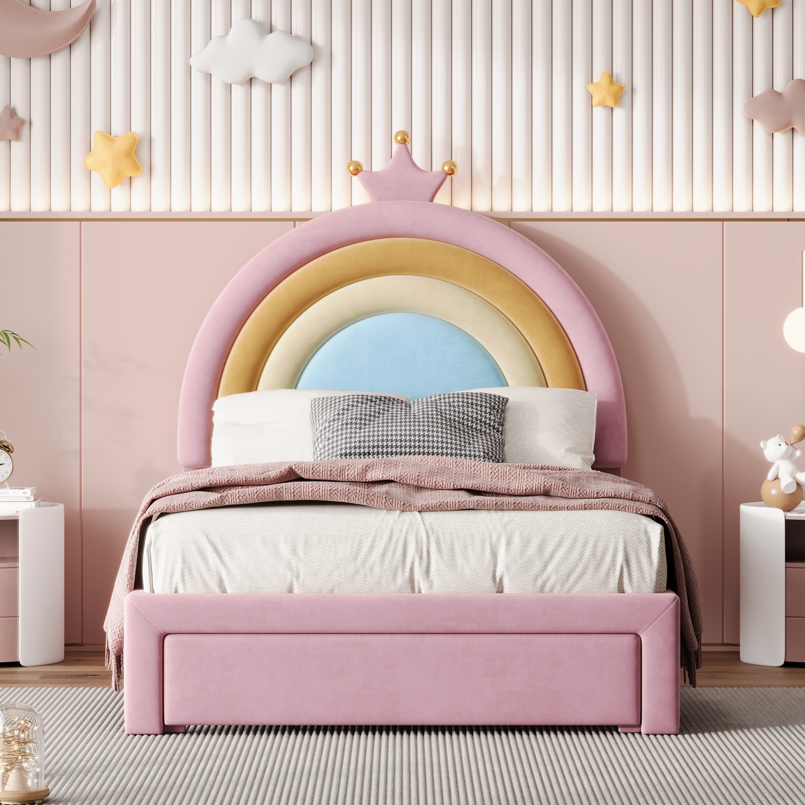 Twin Size Upholstered Rainbow Design Bed, Velvet Princess Platform Bed with Storage Drawer, No Box-spring Needed,Colorful&Pink - Image 3